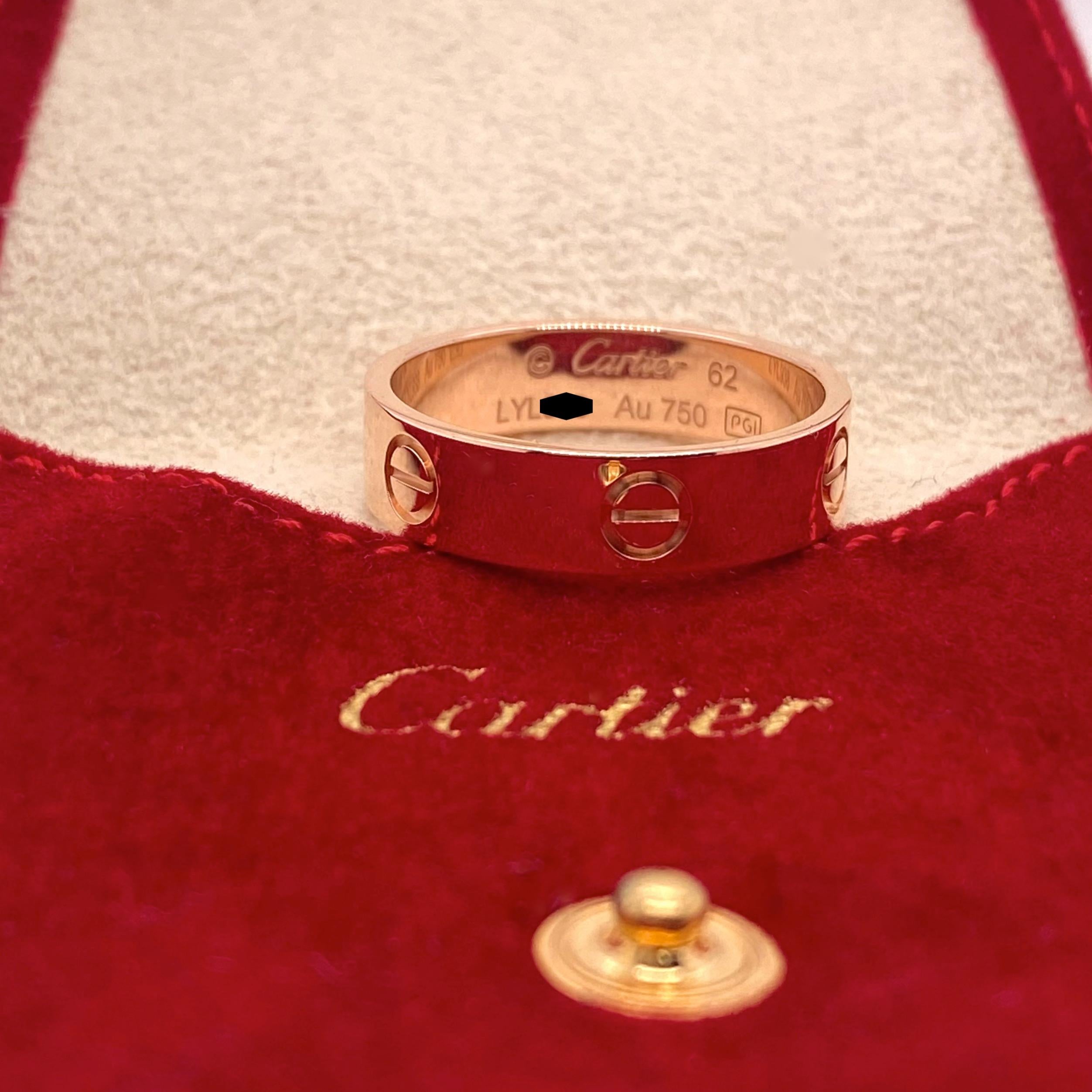 Cartier Love Band Ring
Style:  Band Ring
Ref. number:  CRB4084862
Metal:  18kt Pink Gold
Size:   62 / 9.75 US
Width:  5.5 mm
Hallmark:  © Cartier 62 LYL*** AU750
Includes:  Cartier Ring Pouch 
Retail:  $1940

Sku#12220TSD051021-9.75