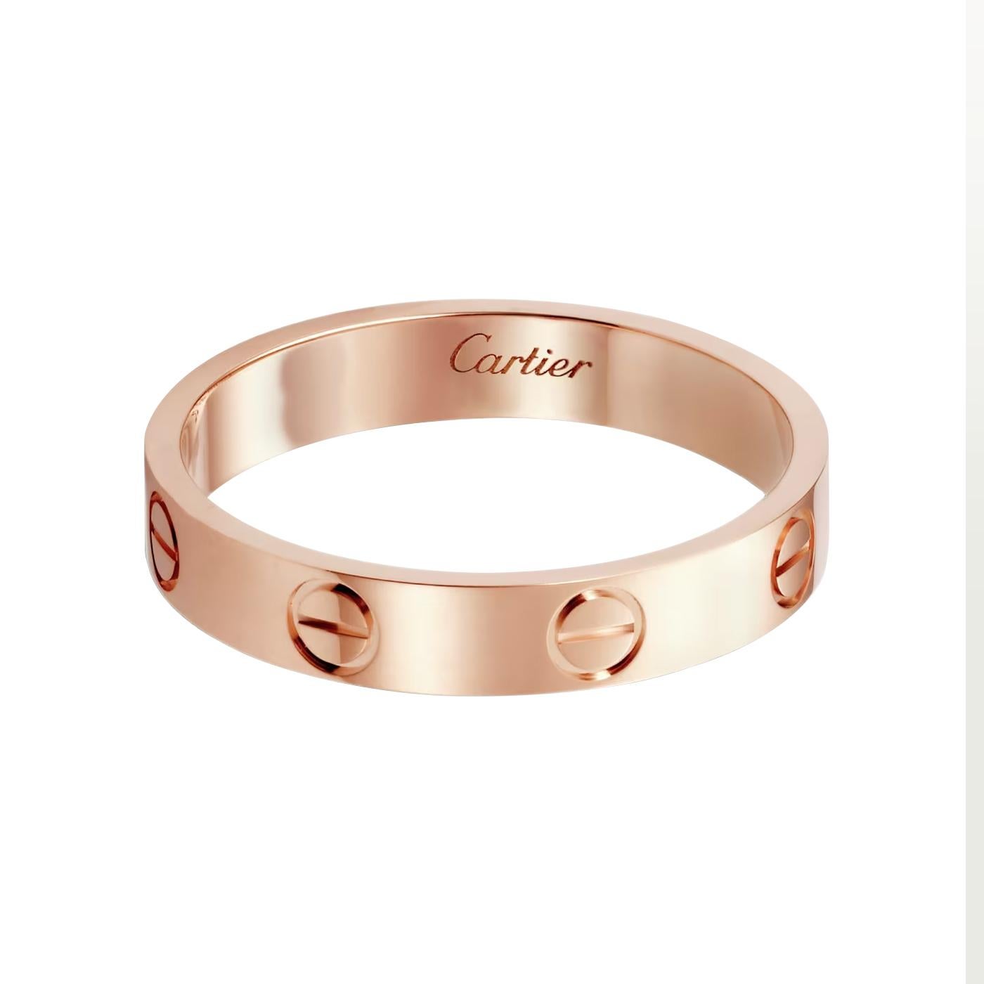 LOVE wedding band, rose gold (750/1000). Width: 3.6 mm (for size 56).

Details:
Brand: Cartier
Type: Love
Material: Rose Gold
Size: 56
Theme: Romantic, Love
Scope of Delivery: Box and Papers
Purchased Date: 2021
Occasion: Anniversary, Birthday,