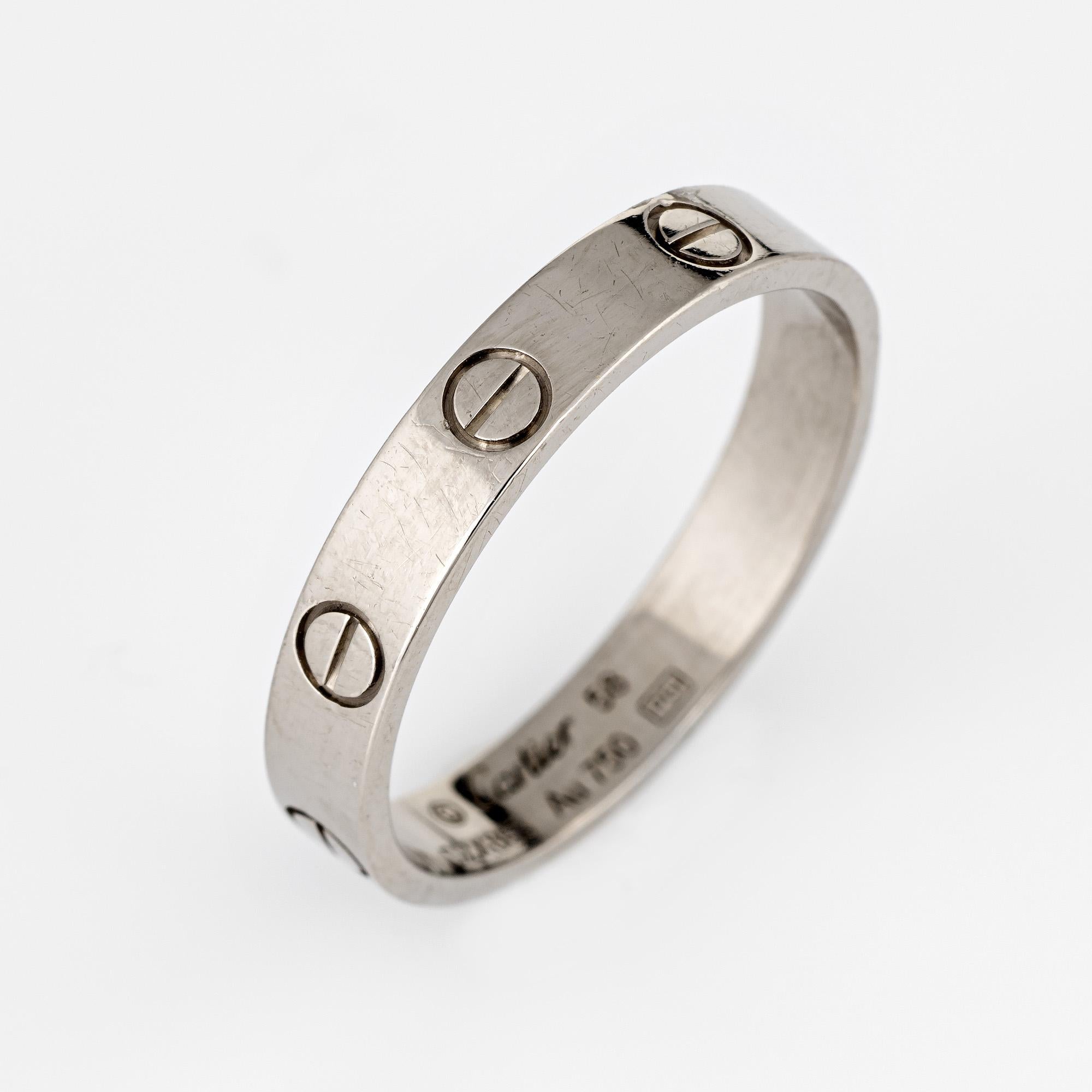 Cartier love wedding band crafted in 18 karat white gold.  

The ring currently retails for $1,140 (plus taxes).

The ring is in very good condition and was recently professionally cleaned and polished. No box or papers.

Particulars:

Weight: 3.8