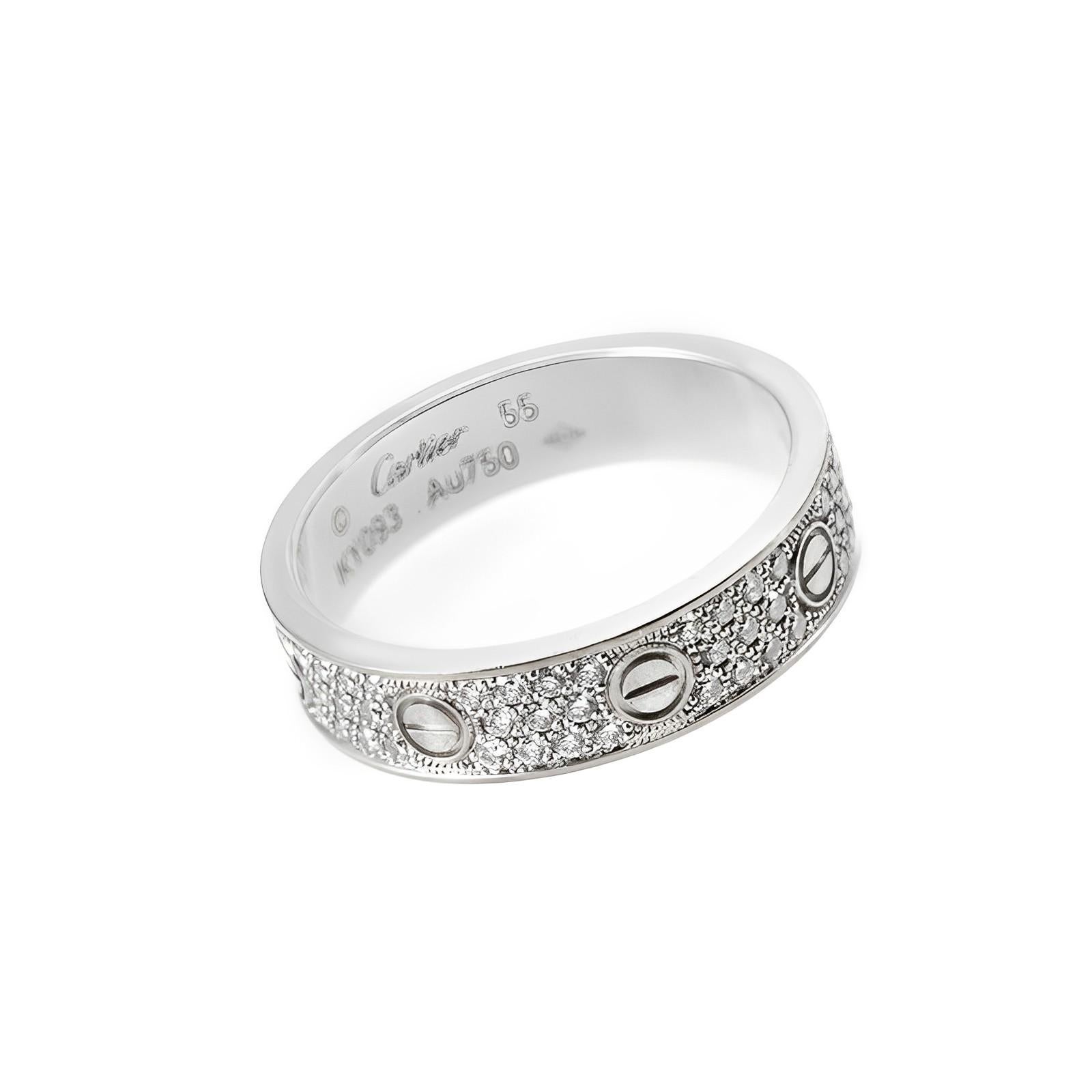 Women's or Men's Cartier Love Wedding Diamond-Paved White Gold Ring Size 55