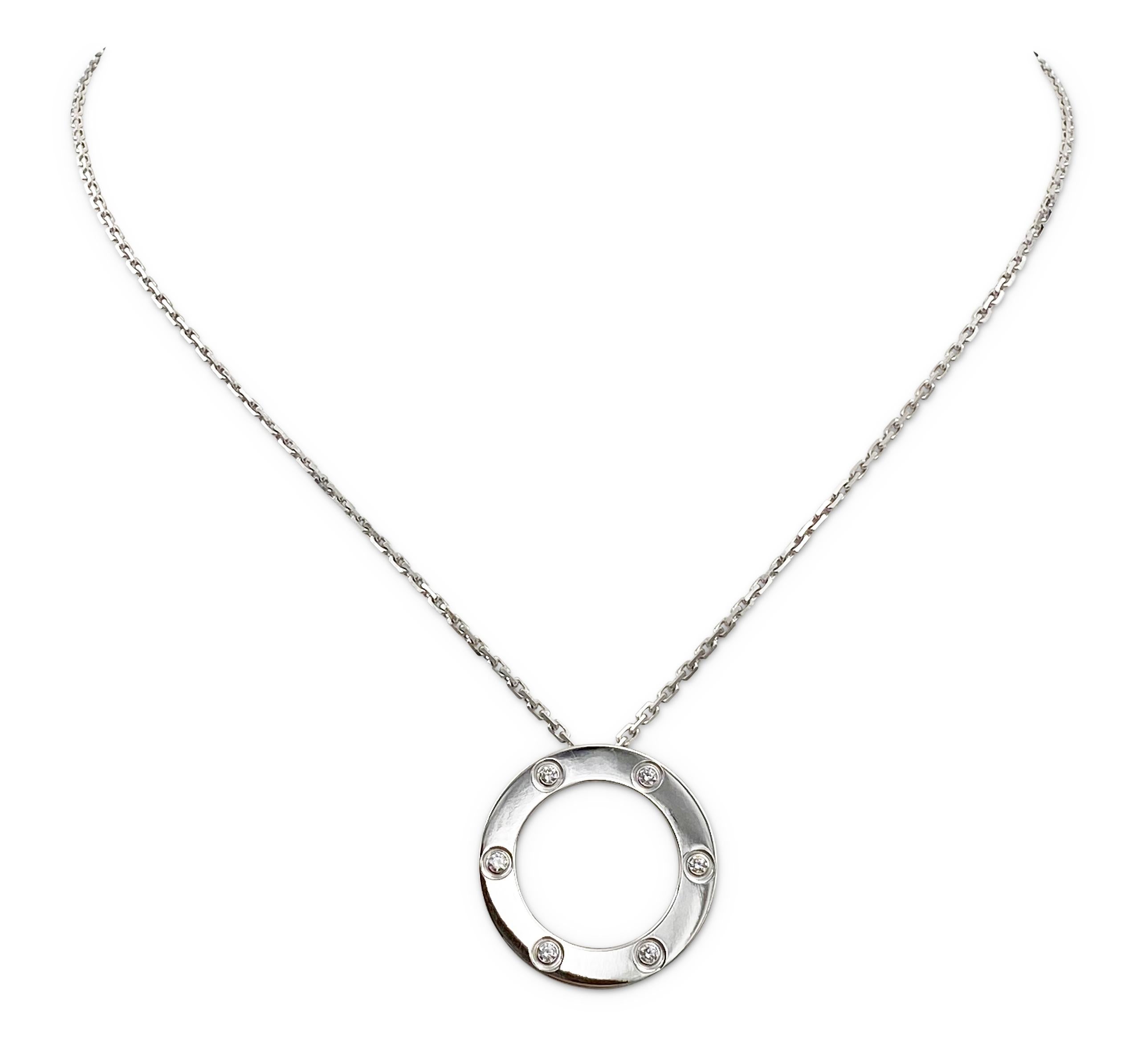 Authentic chain and ring charm necklace from the Cartier Love collection. Made in 18 karat white gold and oval link chain with a half-inch round ring and screw top motifs set with 6 round brilliant cut diamonds (F color, VS clarity) of approximately