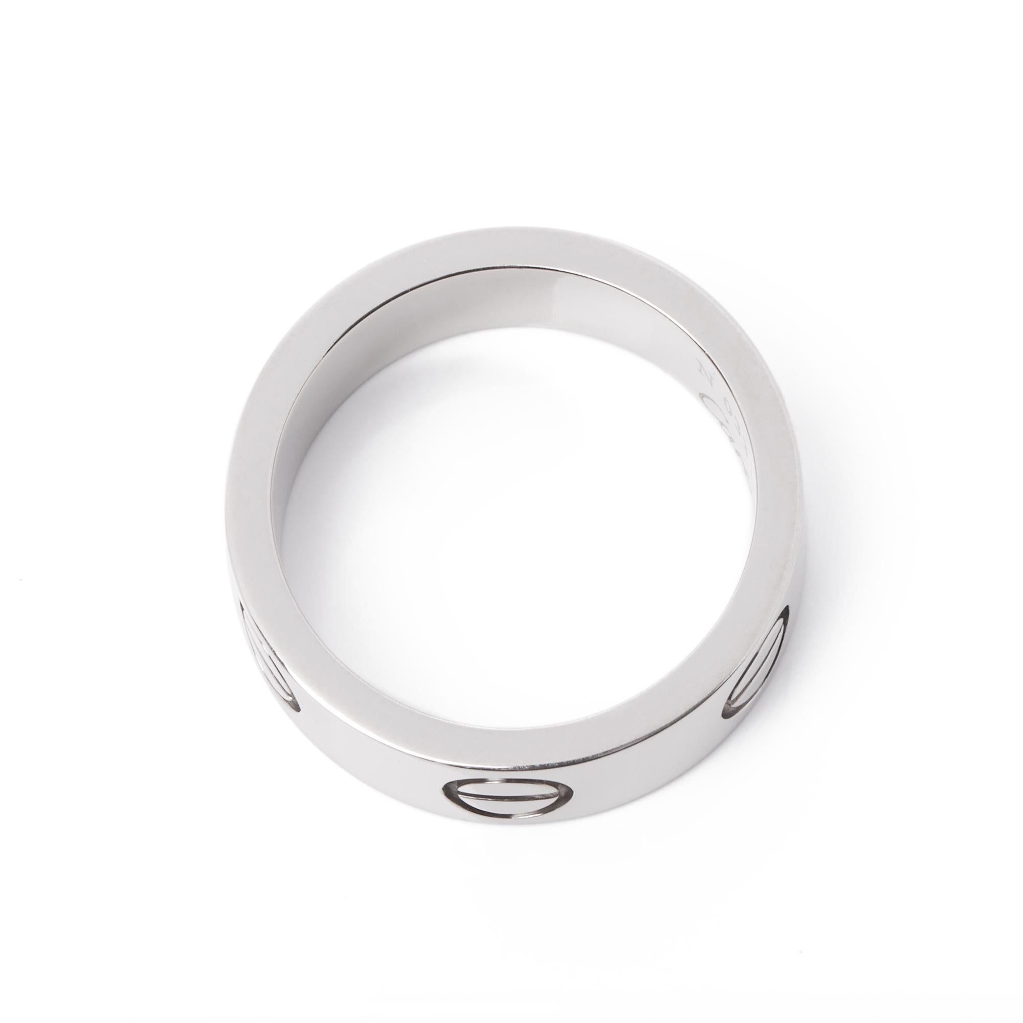 Cartier 18ct White Gold Love Band Ring

Brand Cartier
Model Love Band Ring
Product Type Ring
Serial Number N0****
Material(s) 18ct White Gold
UK Ring Size H 1/2
EU Ring Size 47
US Ring Size 4
Resizing Possible No
Band Width 5.4mm
Total Weight