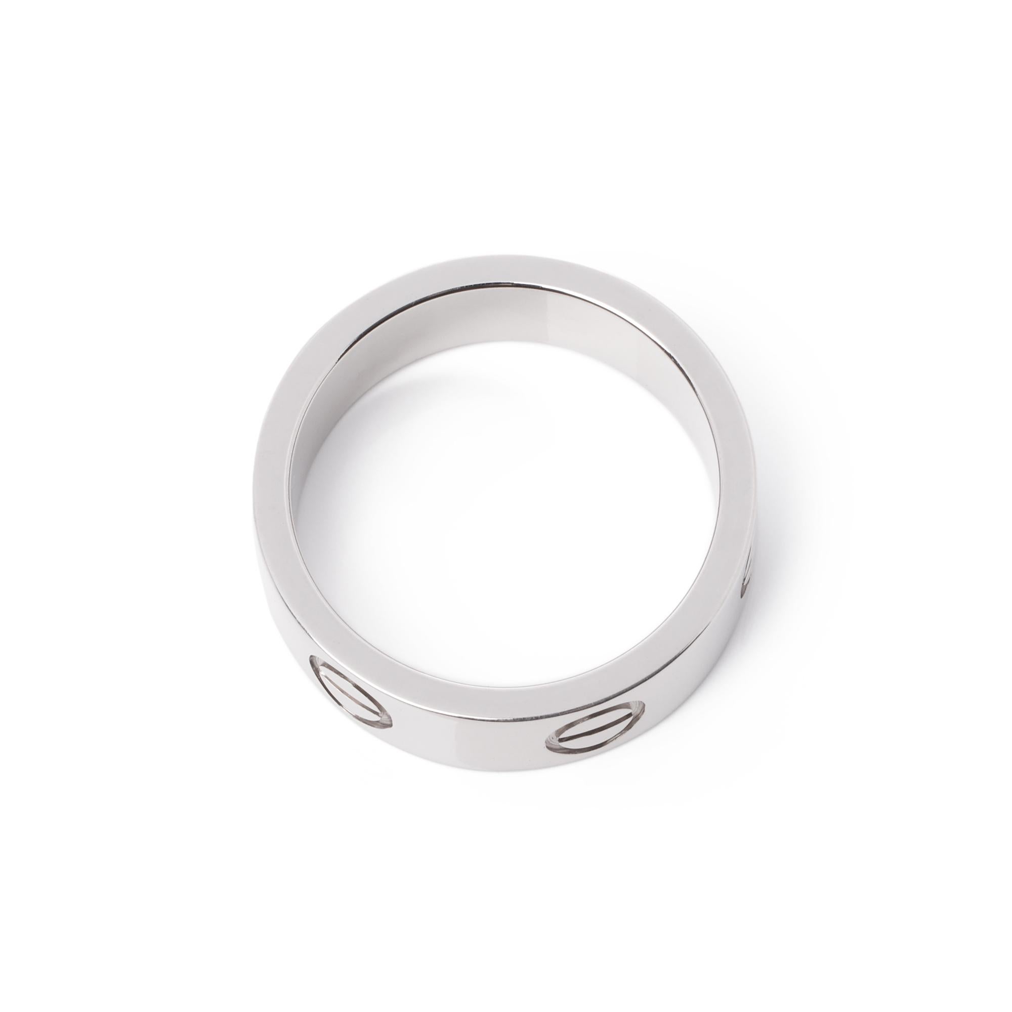 Cartier 18ct White Gold Love Band Ring

Brand Cartier
Model Love Band Ring
Product Type Ring
Material(s) 18ct White Gold
UK Ring Size J 1/2
EU Ring Size 49
US Ring Size 4 3/4
Resizing Possible No
Band Width 5.4mm
Total Weight 6.4g
Model Number