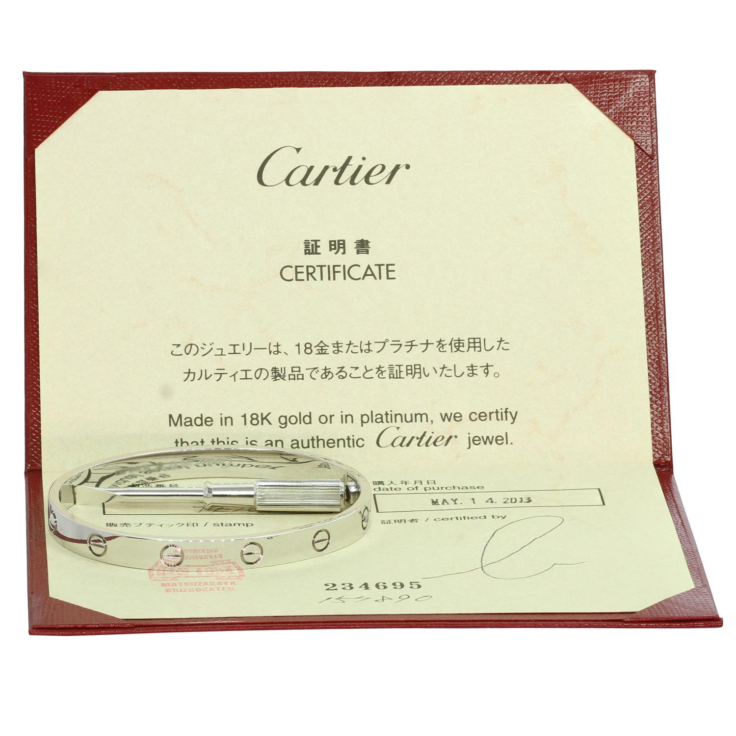 Women's Cartier Love White Gold Bangle Bracelet Box Papers. Sz. 17