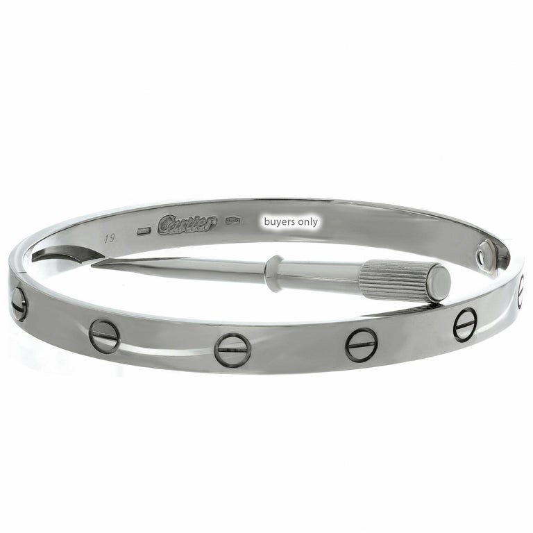 Cartier Love White Gold Bangle Bracelet. New Model. Sz.19 Box Papers For Sale at 1stdibs