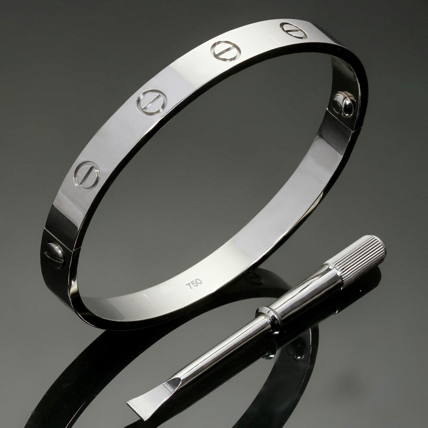 This iconic and timeless bracelet from Cartier's Love collection is crafted in 18k white gold and completed with the original Cartier screwdriver. This bangle is a size 17. Made in France circa 2008. 