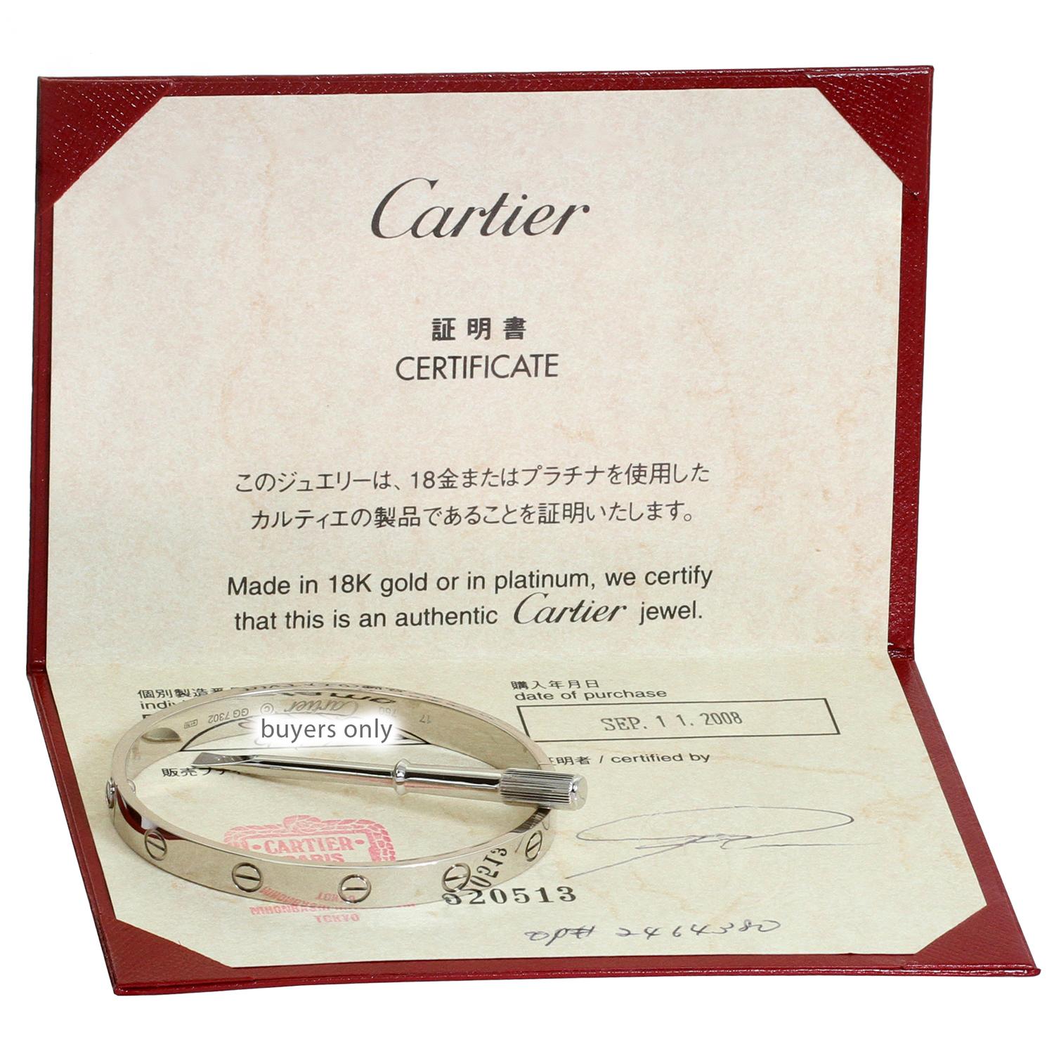 Women's Cartier Love White Gold Bracelet Box Papers