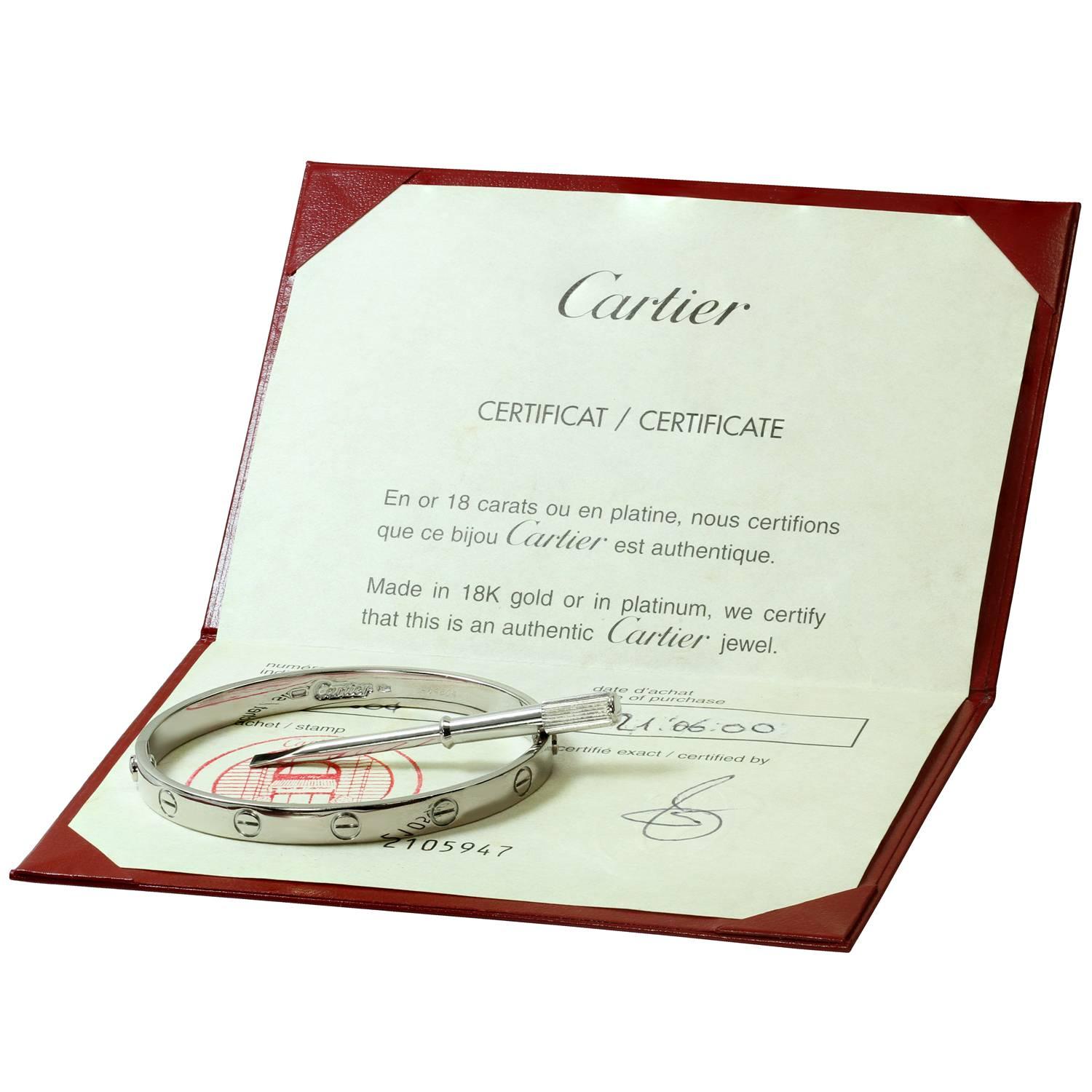 This classic old style Cartier bangle from the iconic Love collection is made in 18k white gold and comes with the original screwdriver. This bracelet is a size 17. Made in France circa 1993. Excellent condition. Comes with original box and