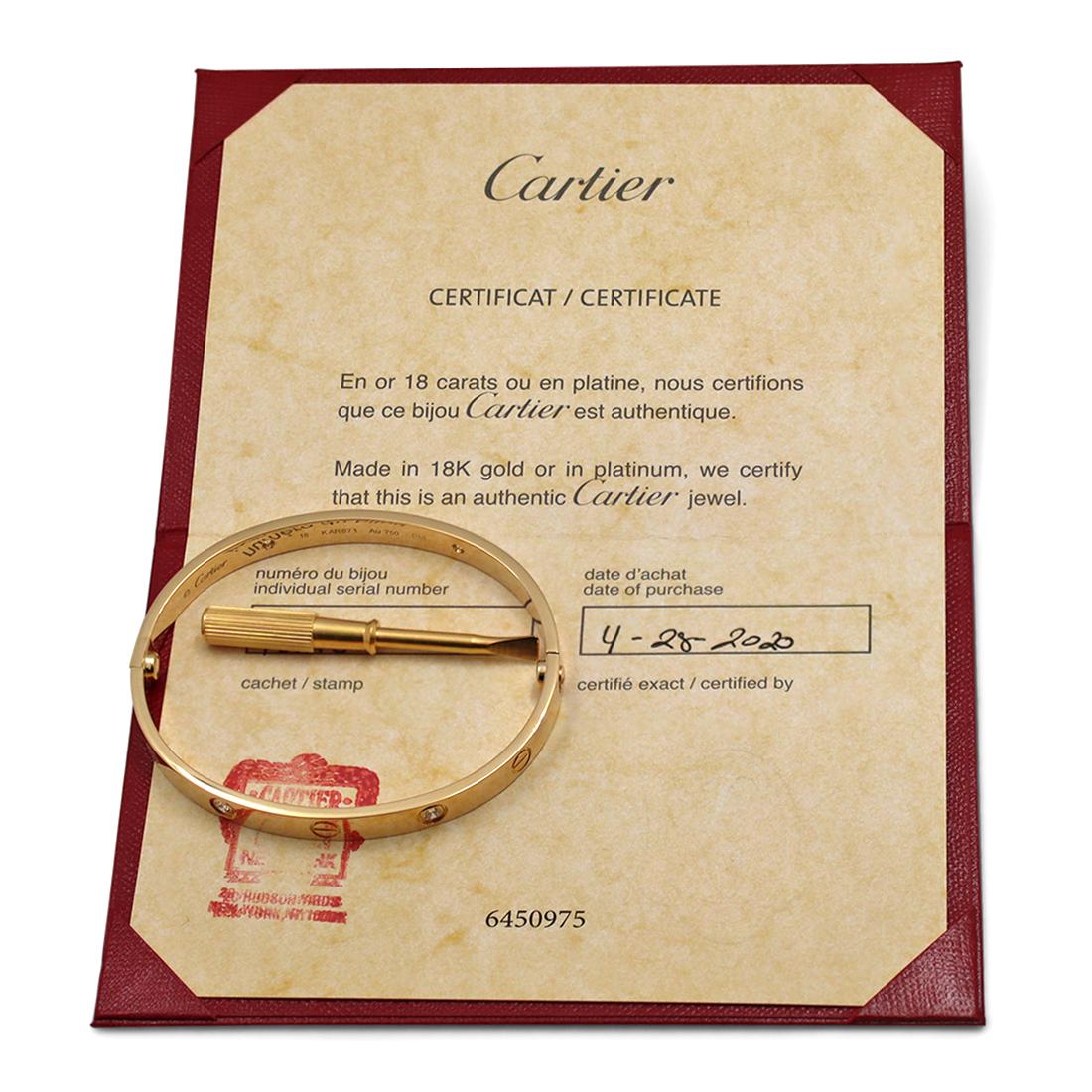 Cartier 'Love' Yellow Gold 4-Diamond Bracelet In Excellent Condition In New York, NY