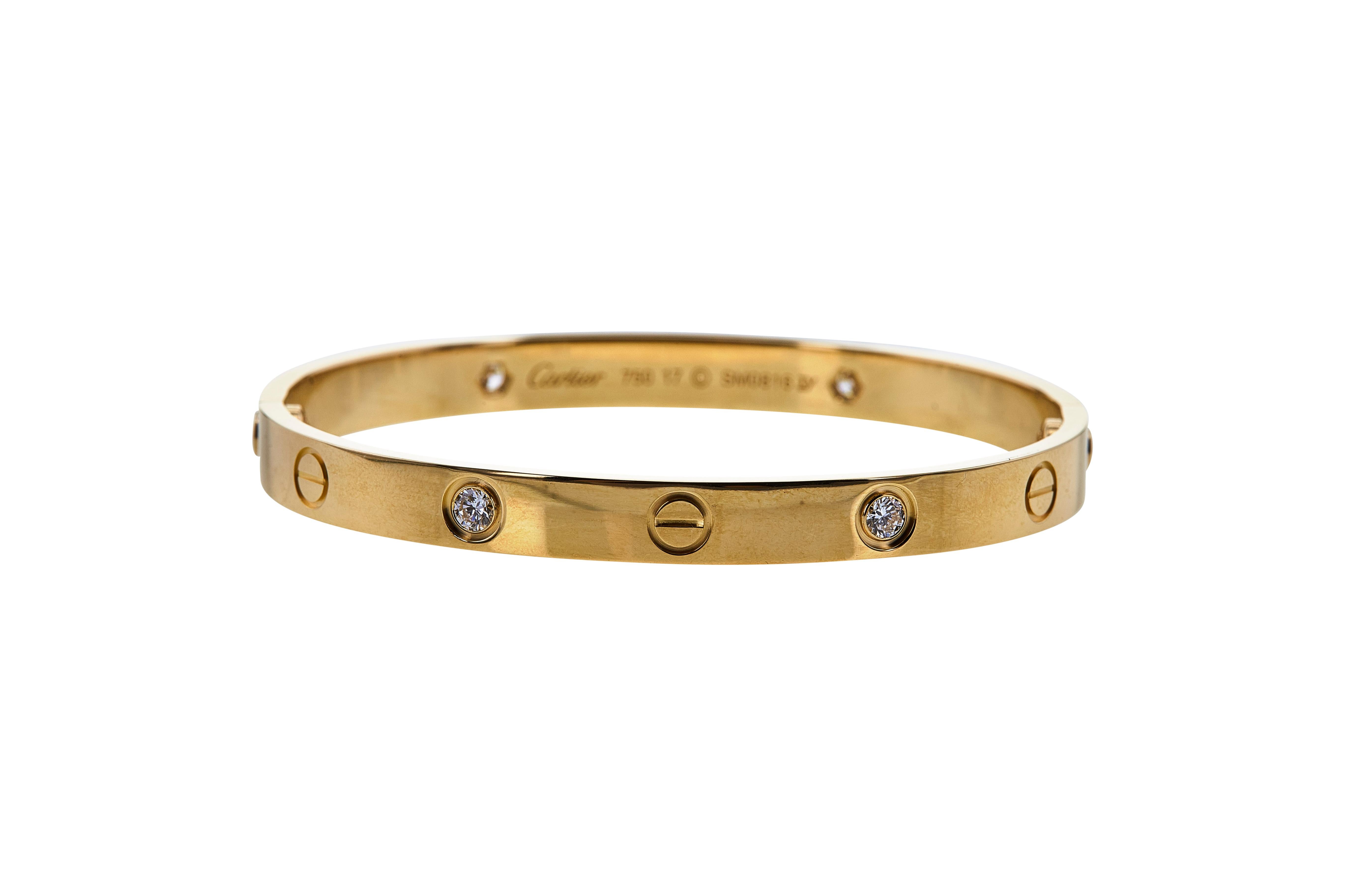 Women's or Men's Cartier 'Love' Yellow Gold 4-Diamond Bracelet