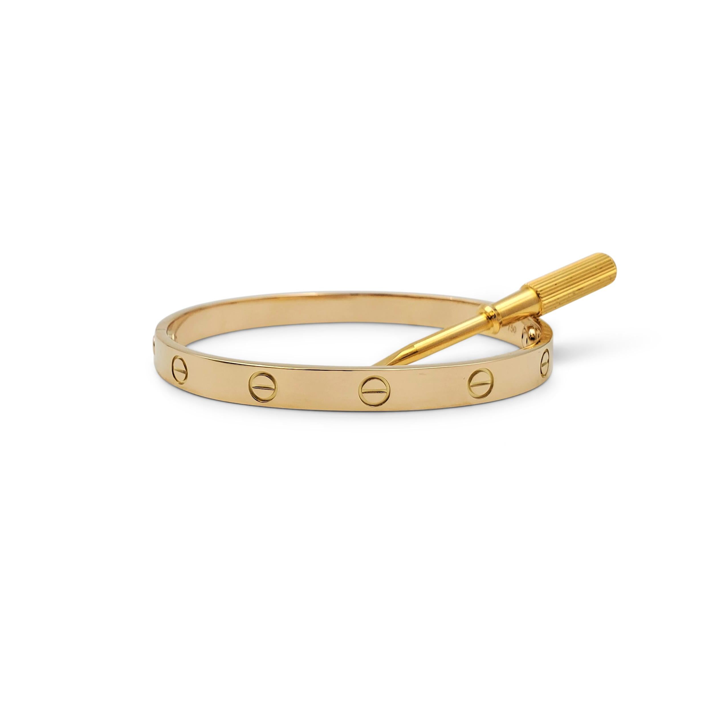 Authentic Cartier 'Love' bracelet crafted in 18 karat yellow gold. Signed Cartier, 18, Au750, with serial number and hallmarks. The bracelet is presented with the original screwdriver and box. No papers. CIRCA 2010s.

Bracelet Size: 18 (18 cm)
Box: