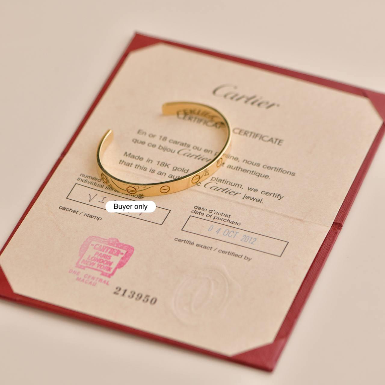 Cartier Love Gelbgold Manschettenarmband Größe 17 im Zustand „Hervorragend“ in Banbury, GB