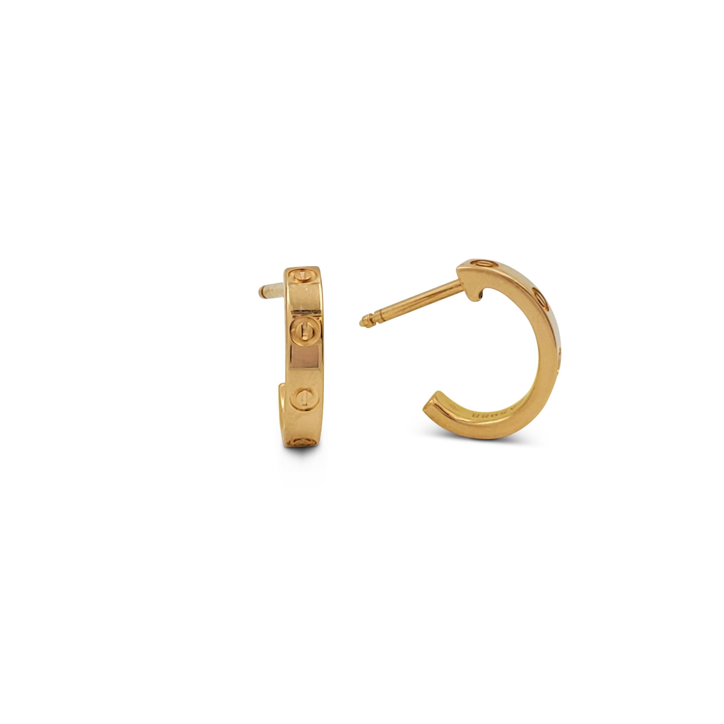 Authentic Cartier 'Love' earrings crafted in 18 karat yellow gold. Signed Cartier, 750, with serial number and hallmark. The earrings are not presented with the original box or papers. CIRCA 2010s.

Box: No
Papers: No