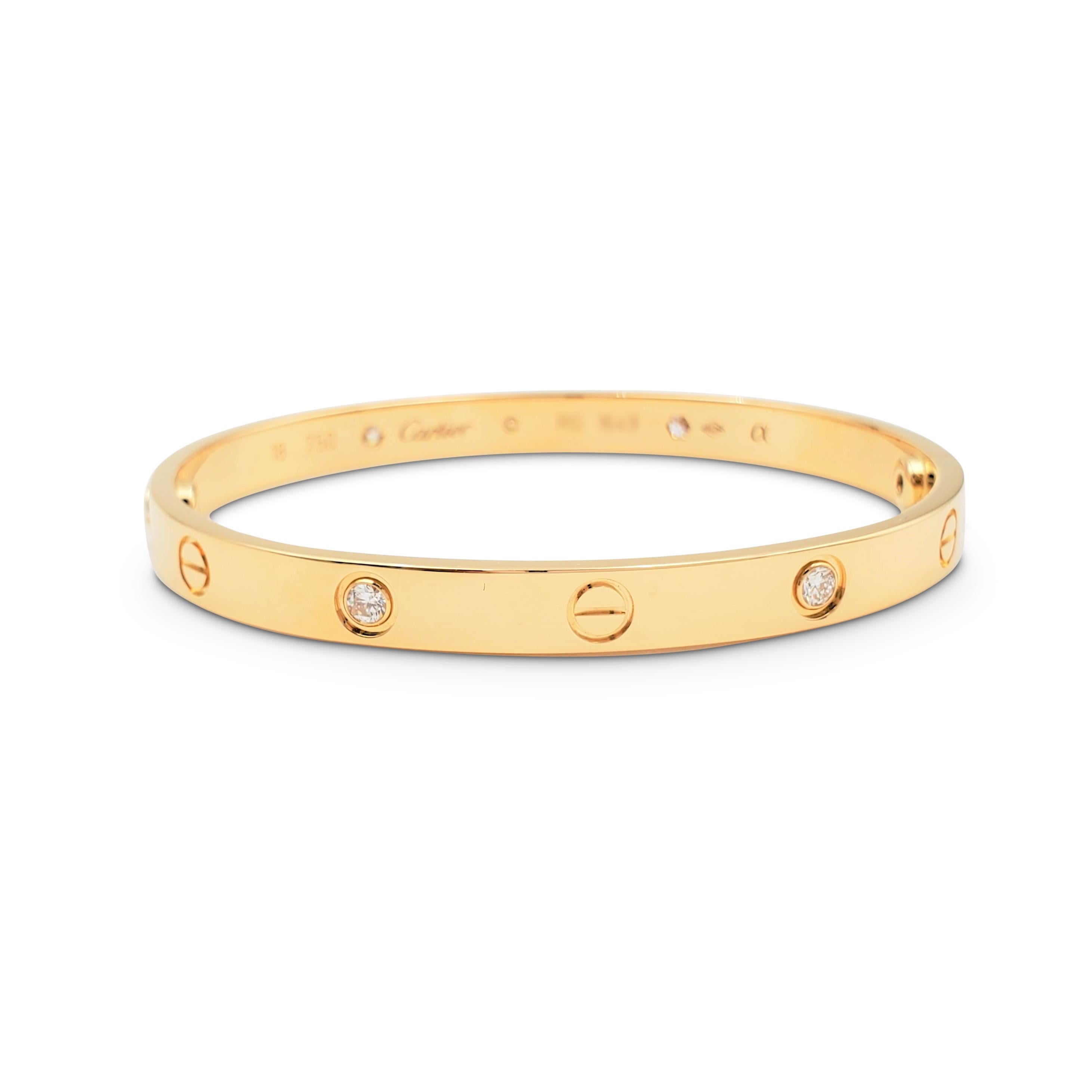 Round Cut Cartier 'Love' Yellow Gold Four-Diamond Bangle
