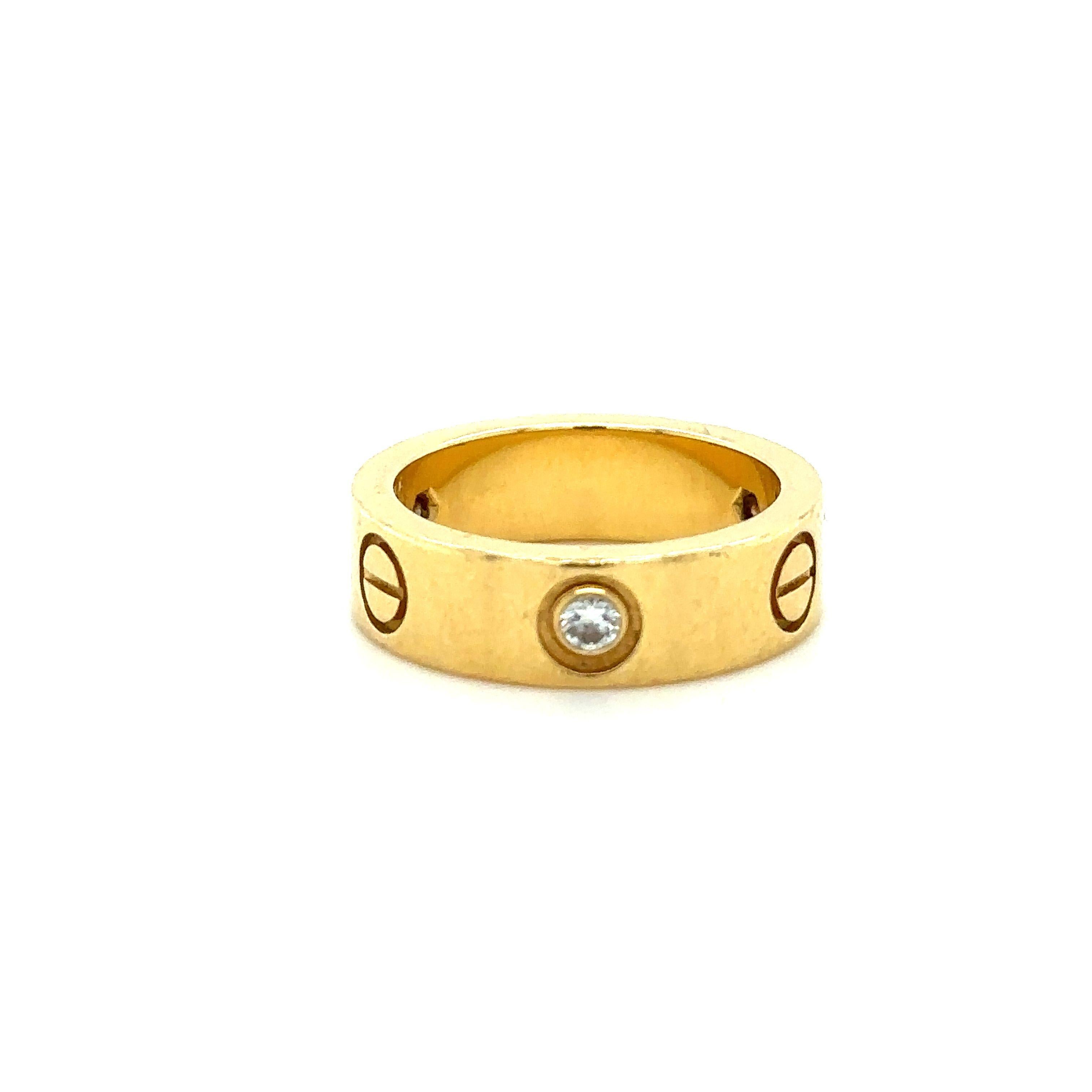 Round Cut Cartier Love Yellow Gold Ring with 3 Diamonds