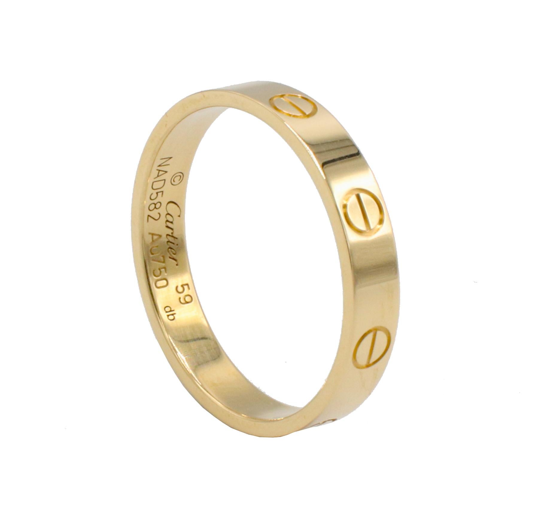 Cartier Love Yellow Gold Wedding Band Ring
Metal: 18k yellow gold
Weight: 3.72
Width: 3.6mm
Size: 59 (8.75 US)
Box & Papers
Retail: $1,170 USD