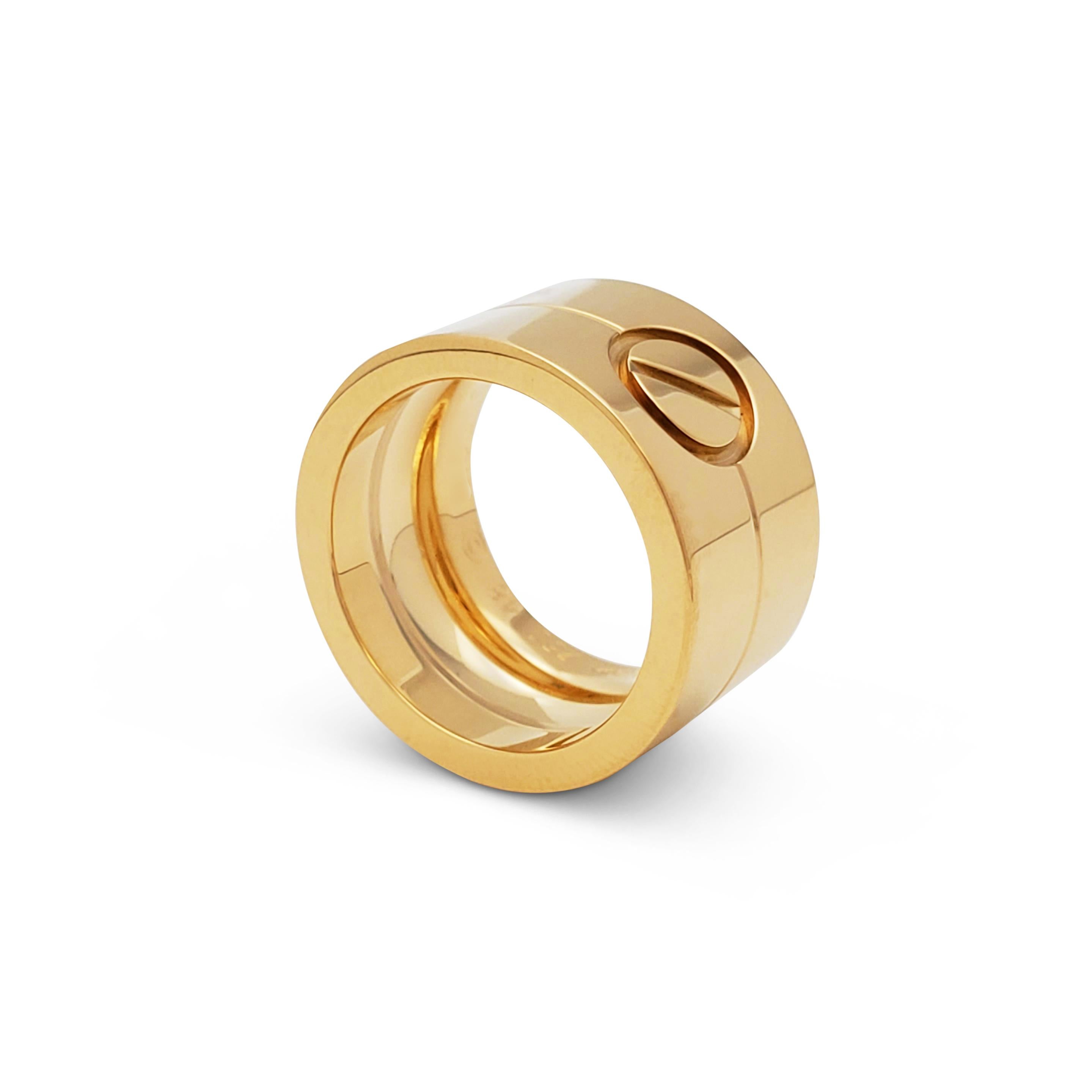 Women's or Men's Cartier Love Yellow Gold Wide Band Ring For Sale
