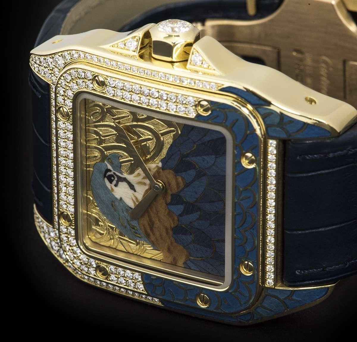 Cartier Ltd Ed Falcon D Art Santos 100 Gents Gold Enamel Dial Automatic Watch In Excellent Condition In London, GB