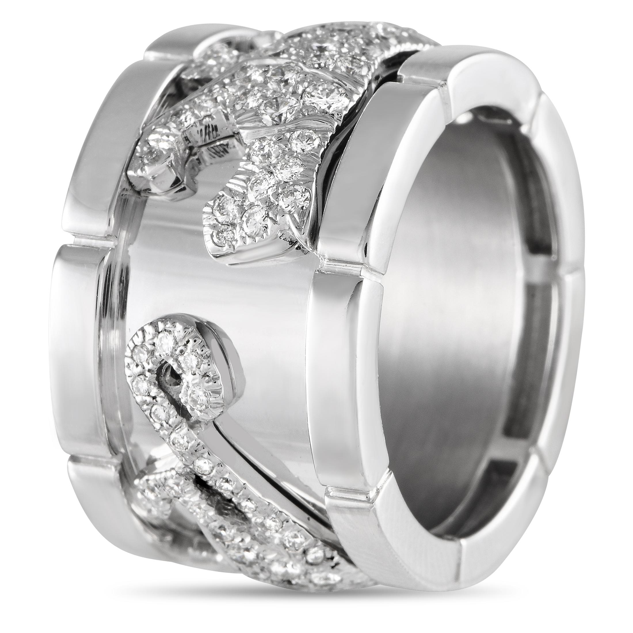 A luxurious statement ring featuring Cartier's spirit animal dressed in brilliant round diamonds. This Mahango Panthre ring features a wide band in polished 18K white gold, decorated with carved panthers walking along its circumference. The ring's