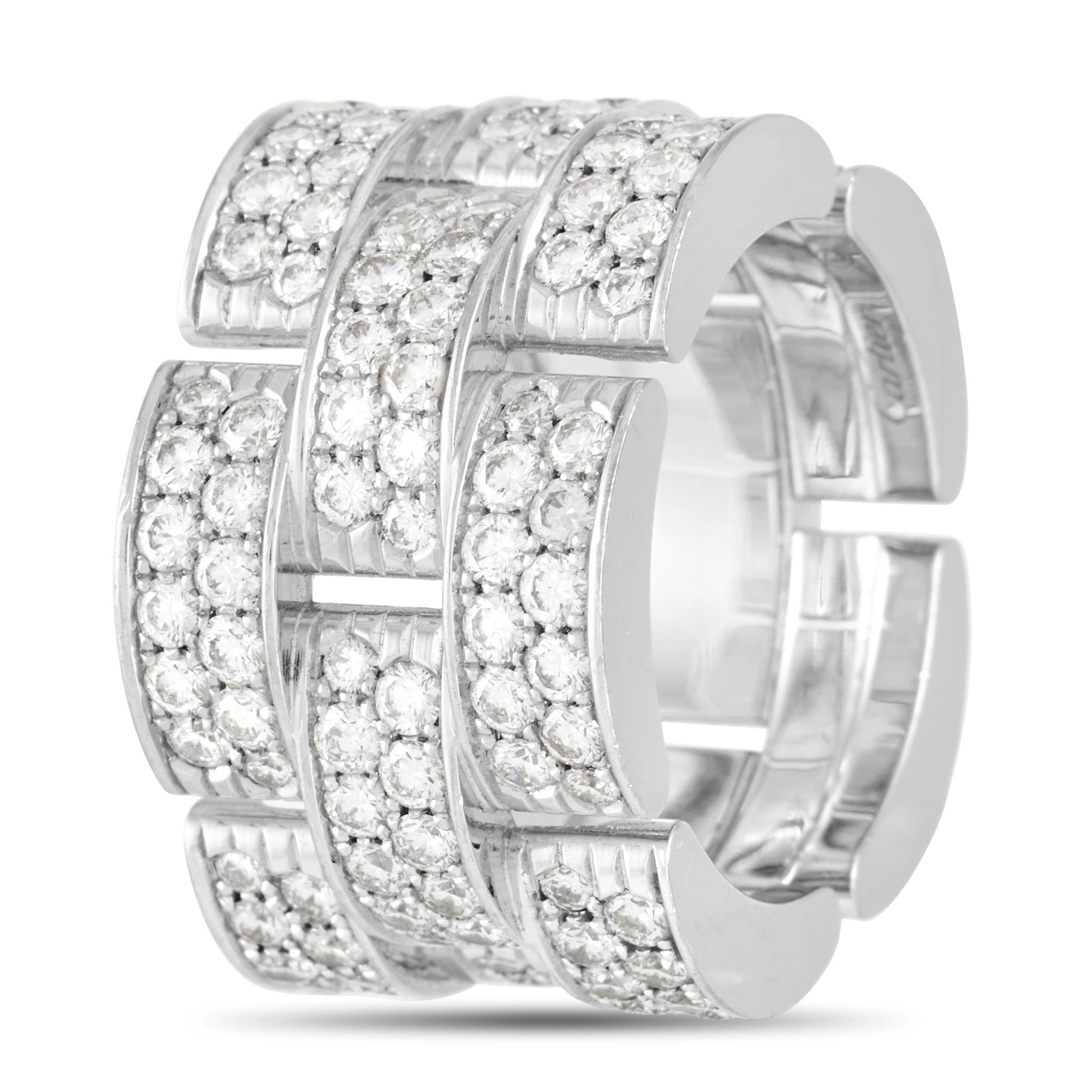 This stunning ring from the Maillon De Cartier  collection is crafted from 18K white gold, and forms three rows of alternating links set with a total of 4.00 carats of round diamonds of E color and VVS Clarity. The ring has a band thickness of 13