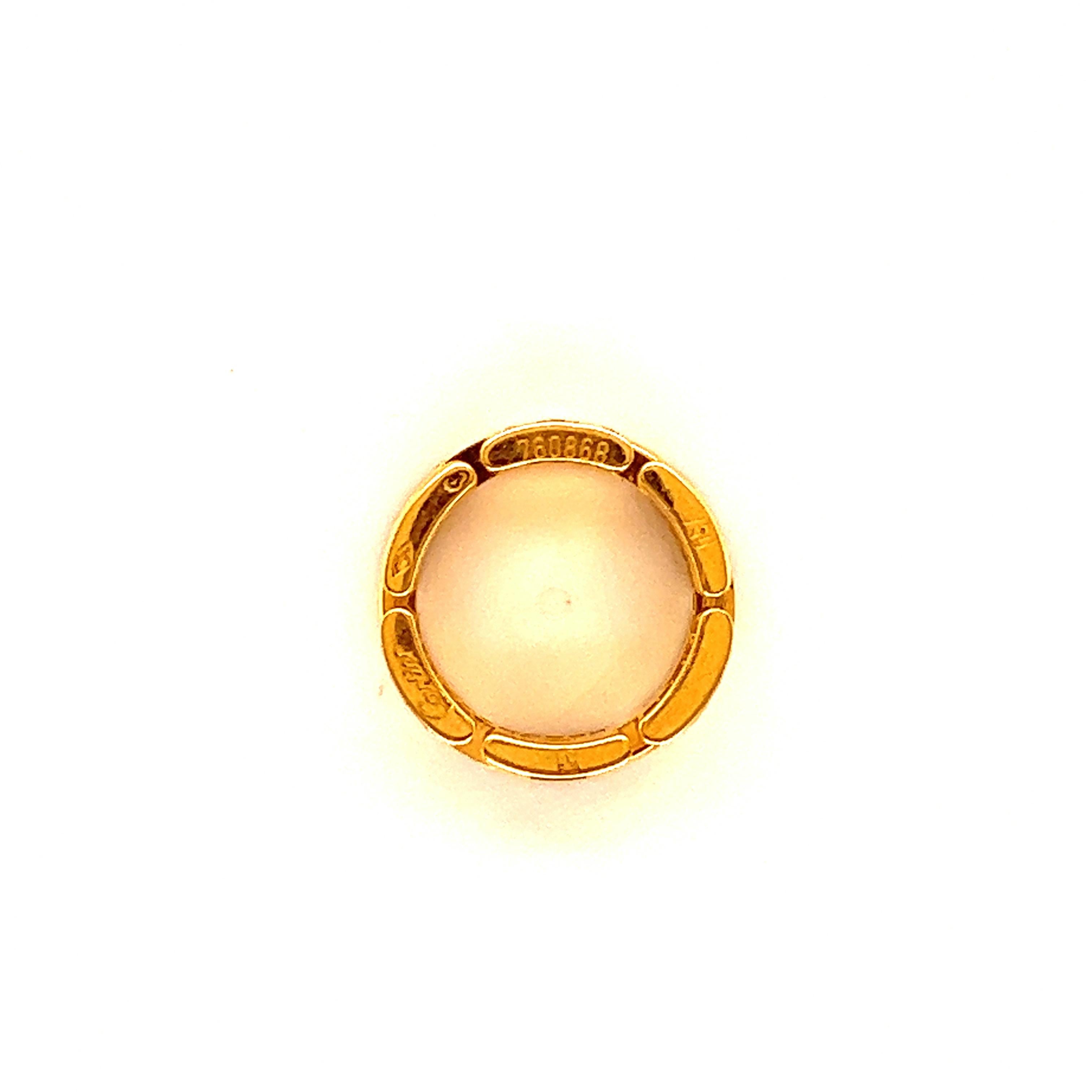 Classic Maillon Panthere 18k yellow gold band ring, by Cartier. 
Round brilliant-cut diamonds of approximately 1 carat, most with E-F color and VS clarity, set on 18 karat yellow gold; Band width 7.5 mm, ring is a US size 5.5, Cartier size 51;