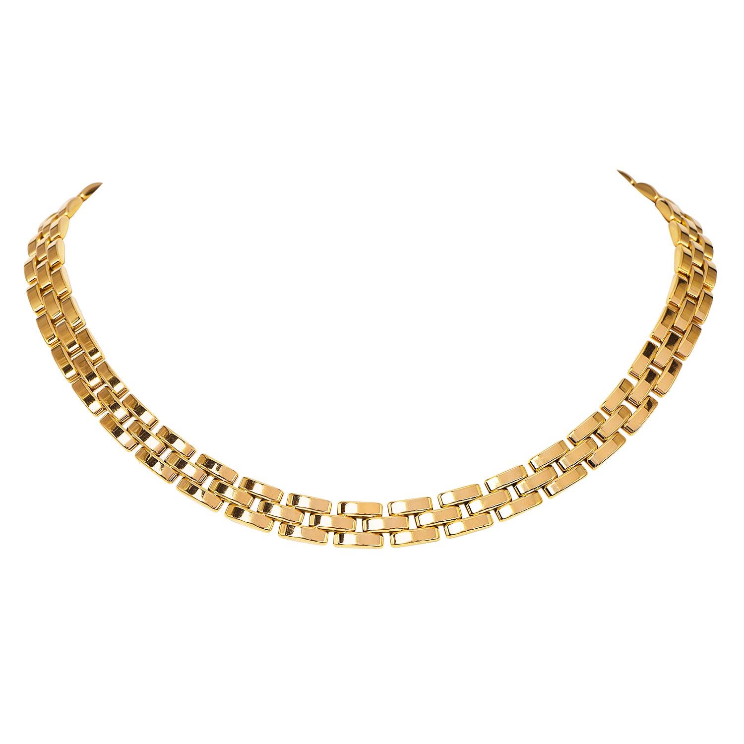 This outstanding example of Cartier's timeless classic look for unisex wear.

18K Yellow Gold Panthere Panther 3 Row Necklace by Cartier, with a highly polished finish.

This exquisite necklace weighs a total of approx. 84.0 grams.

Manufactured