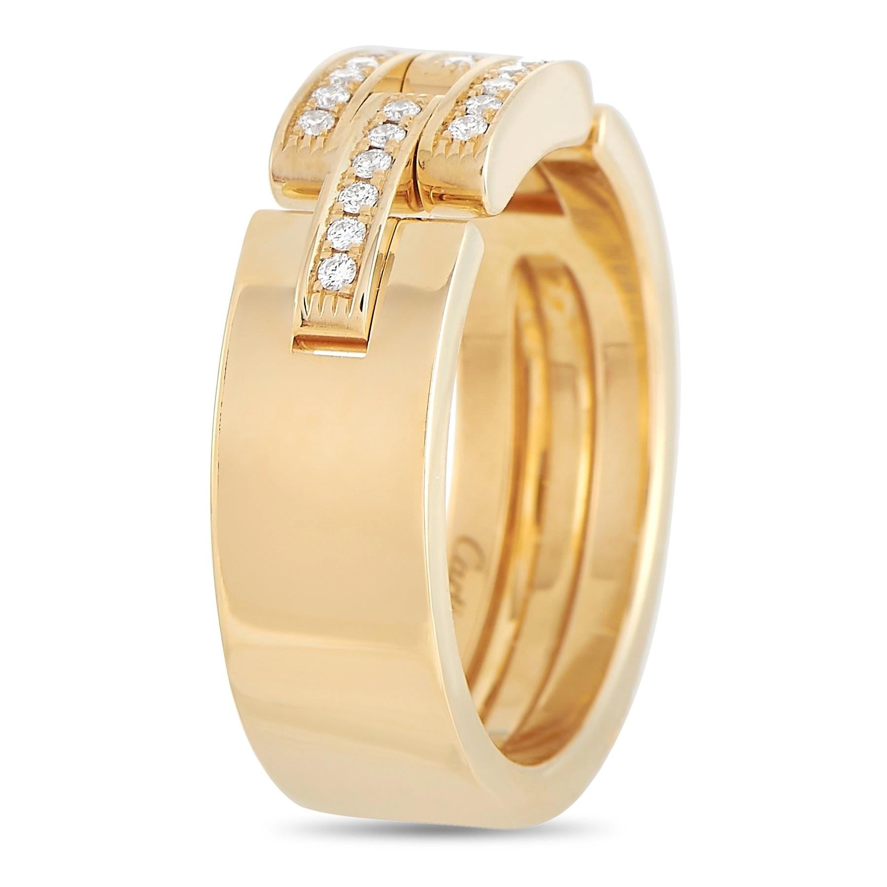 This Cartier Maillon Panthere 18K Yellow Gold Diamond Ring will suit a strong, independent woman who knows her worth. On a 6mm wide band in yellow gold are three glistening links pave-set with sparkling diamonds. Designed with a powerful and