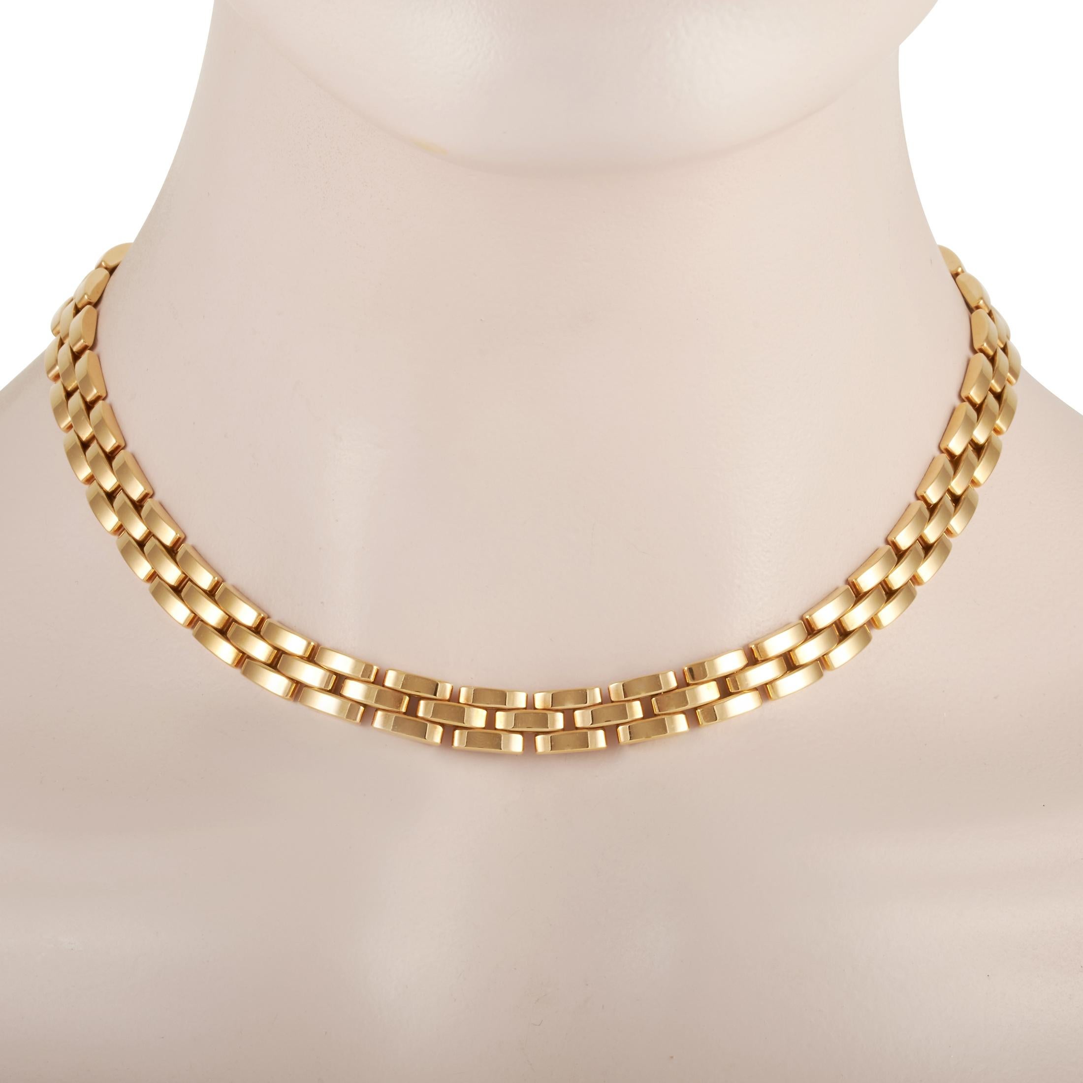 The Cartier “Maillon Panthère” necklace is crafted from 18K yellow gold and weighs 84.3 grams, measuring 15” in length.
 
 This jewelry piece is offered in estate condition and includes the manufacturer’s box and papers.