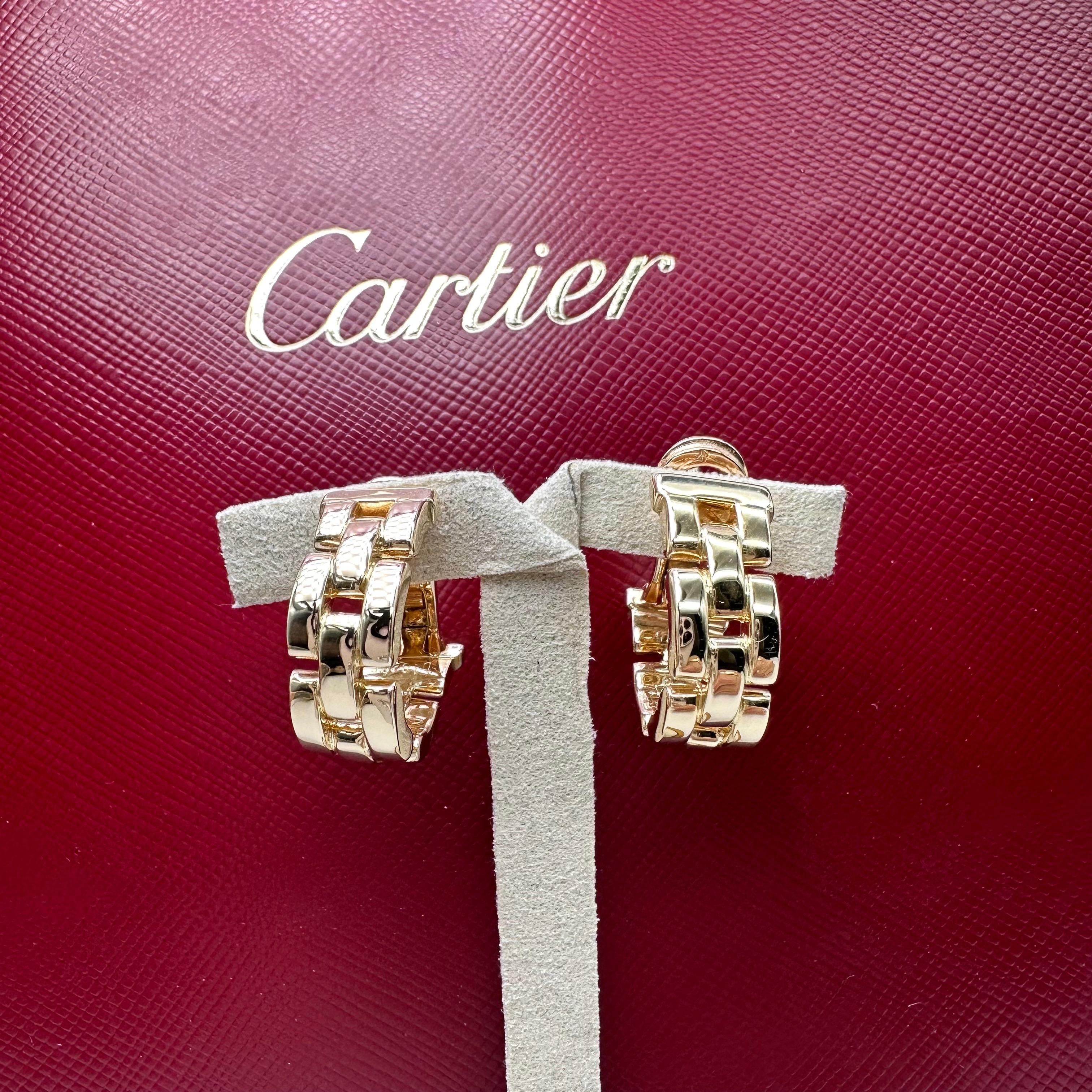 Cartier Maillon Panthere Hoop Earrings
Style:  Hoop
Ref. number:  D16285
Metal:  18kt Yellow Gold 13.9 grams
Size / Measurements:  15 X 16 MM 
Hallmark:  Cartoer 750 D16285
Includes:  Cartier Red Jewelry Pouch
Sku#11950TSD