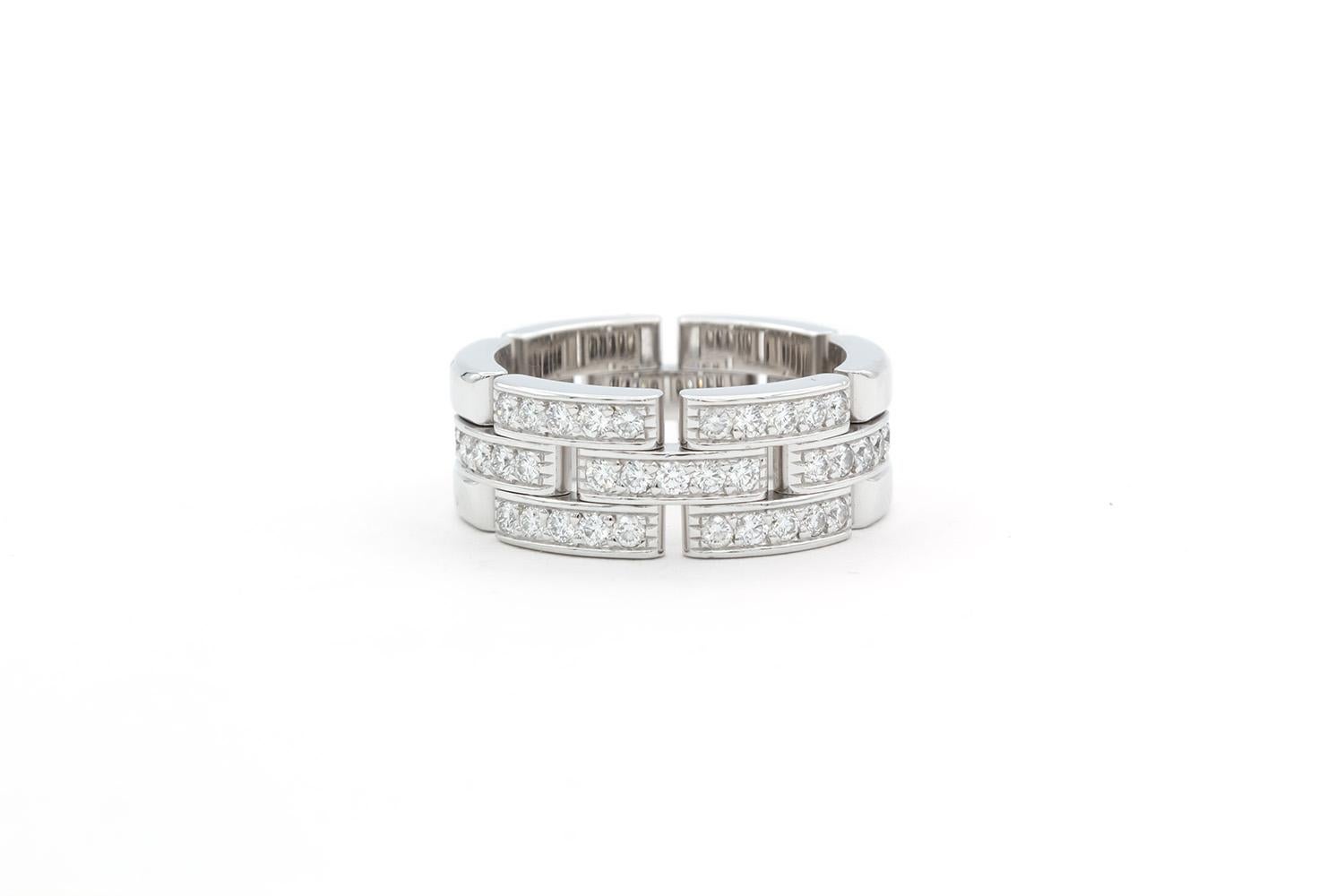 We are pleased to offer this Authentic Cartier 18K White Gold & Diamond Maillon Panthere Band, just back from Cartier for a polish. This classic Cartier ring features a 3 row design set with 35 diamonds in 18k white gold. It is a size 54 EU/6.75 US