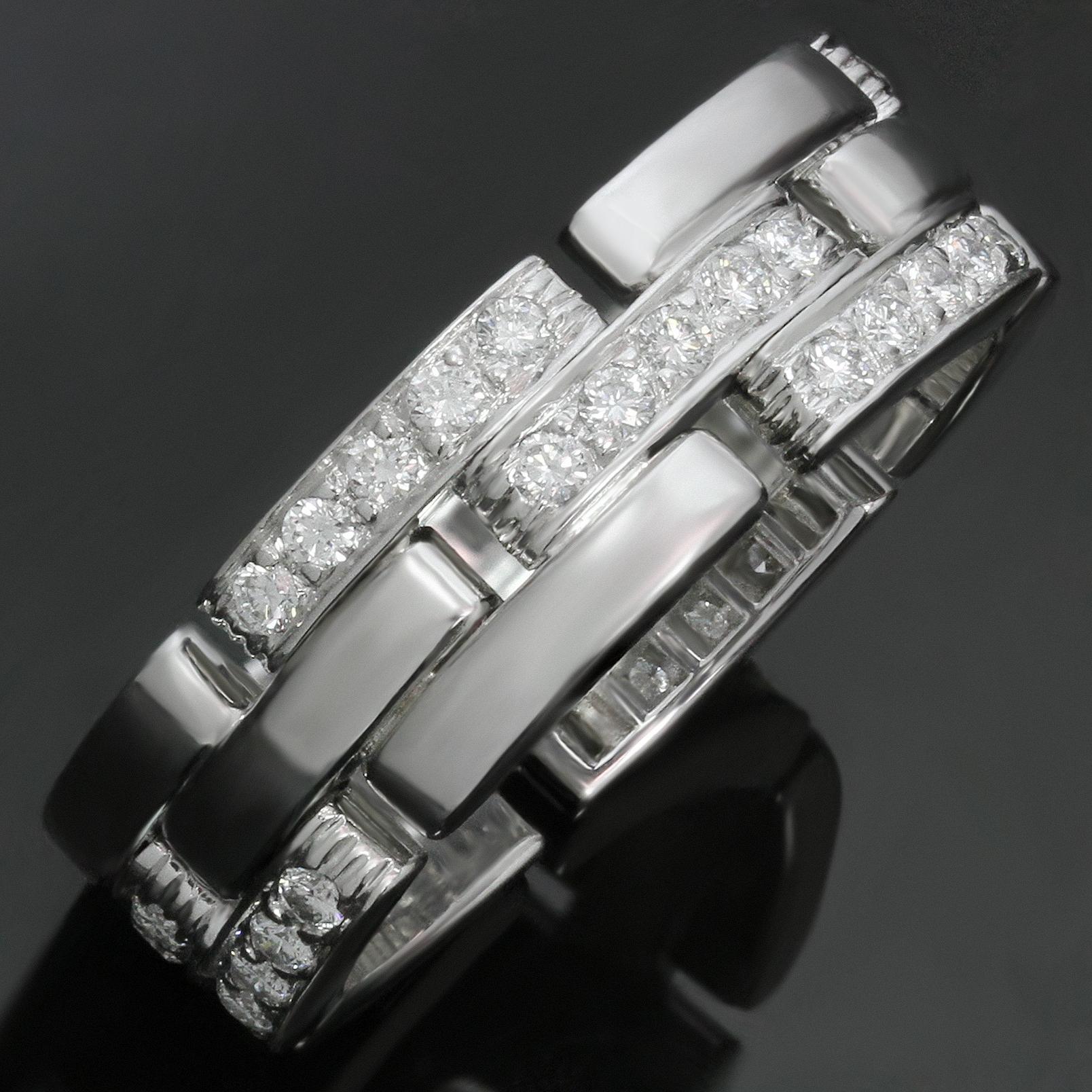 Ce bracelet intemporel de Cartier, issu de l'iconique collection Maillon Panthère, comporte 3 rangées de maillons en or blanc 18 carats, dont la moitié est pavée de diamants ronds taille brillant d'une valeur estimée à 0,70 carat. La bague est