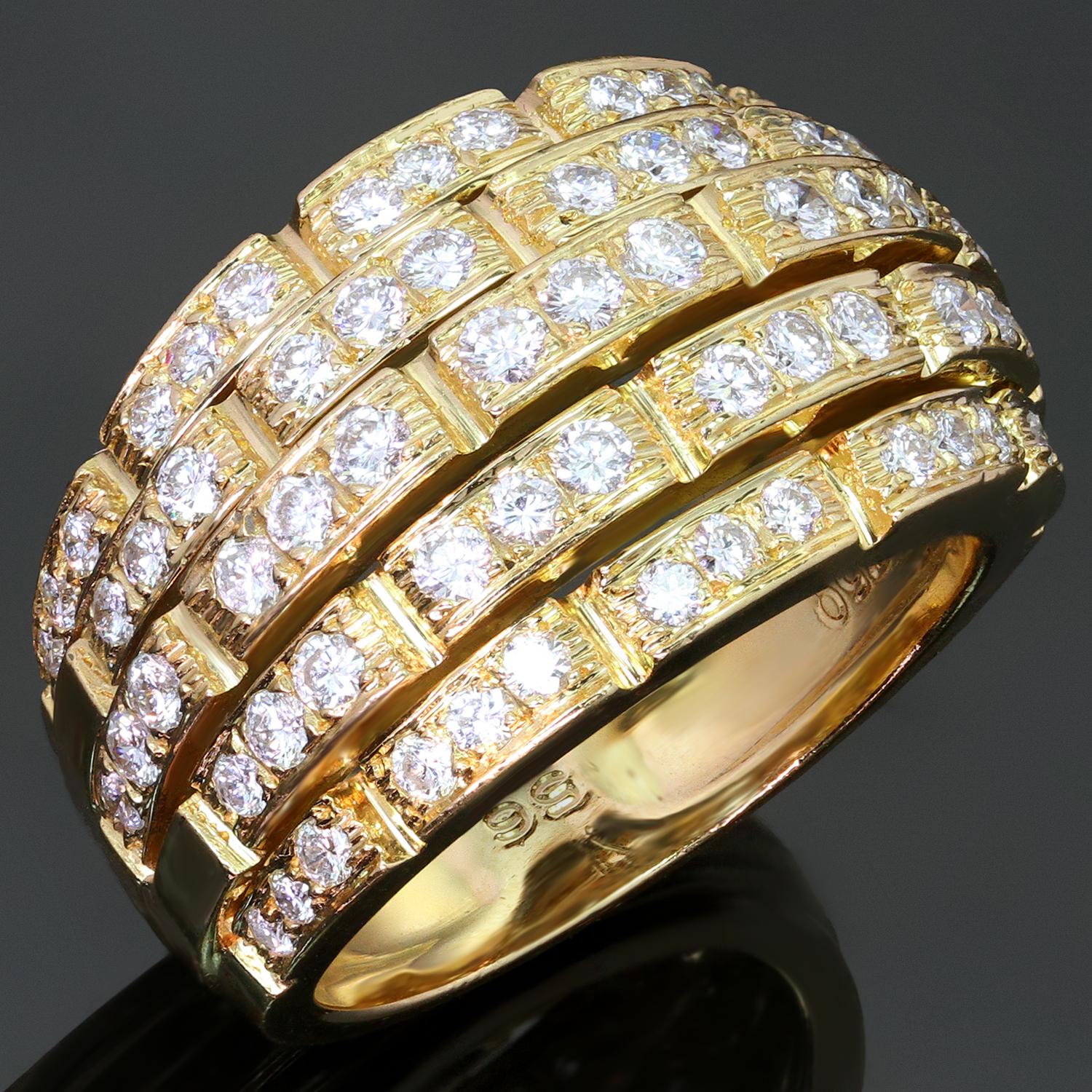 This stunning band from Cartier's Maillon Panthère collection features a 5-row bombe design crafted in 18k yellow gold and set with brilliant-cut round F-G VVS1-VVS2 diamonds of an estimated 2.27 carats. Made in France circa 1980s. Measurements: