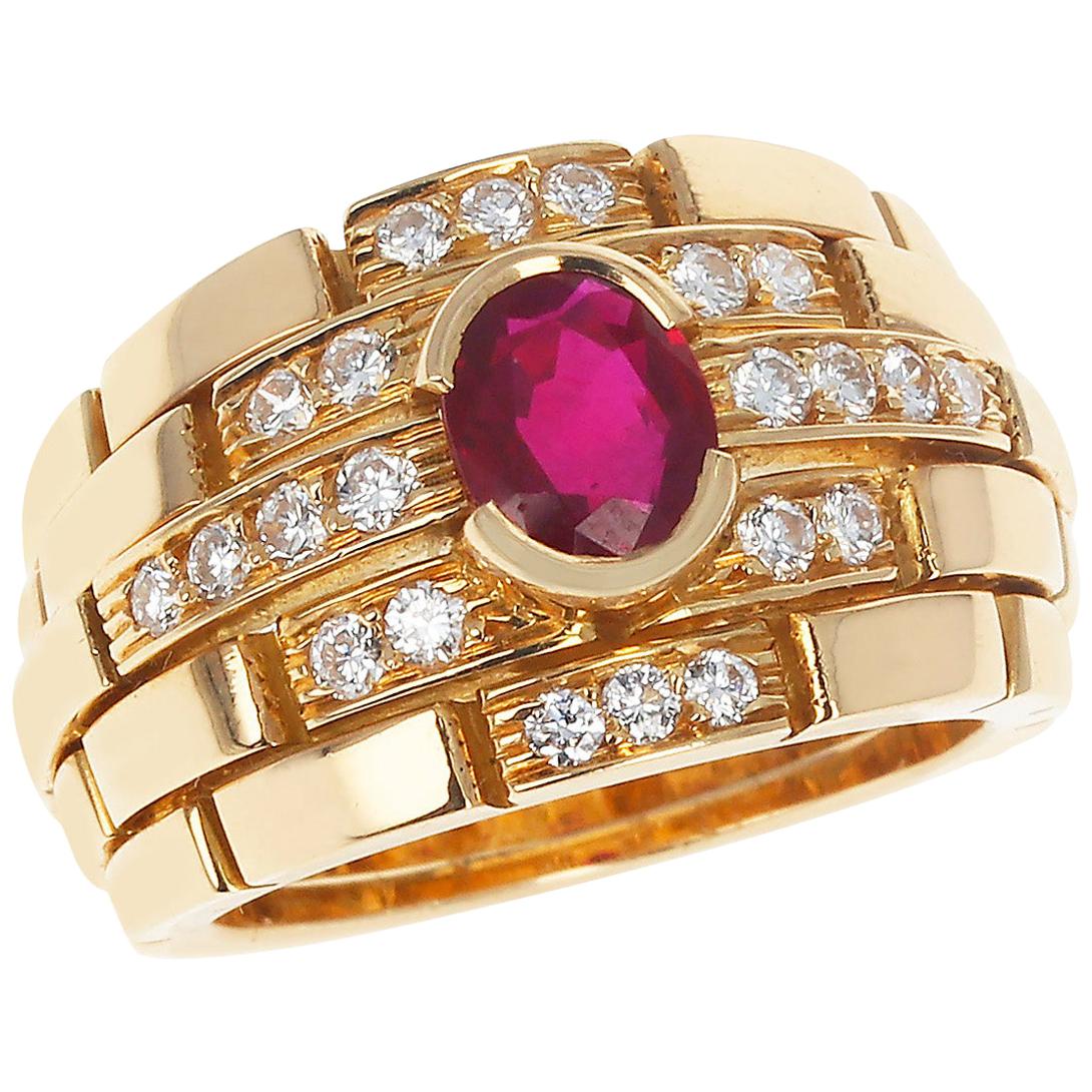 Cartier Maillon Panthere Design Oval Ruby and Diamonds Ring, 18 Karat Yellow For Sale