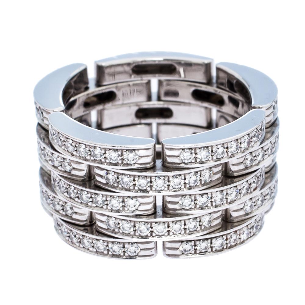 From Cartier's Maillon Panthère collection comes this magnificent ring that could not be any more perfect as it is overflowing with true beauty. Splendidly crafted from 18k white gold featuring a wide band of five rows, the piece is set with round