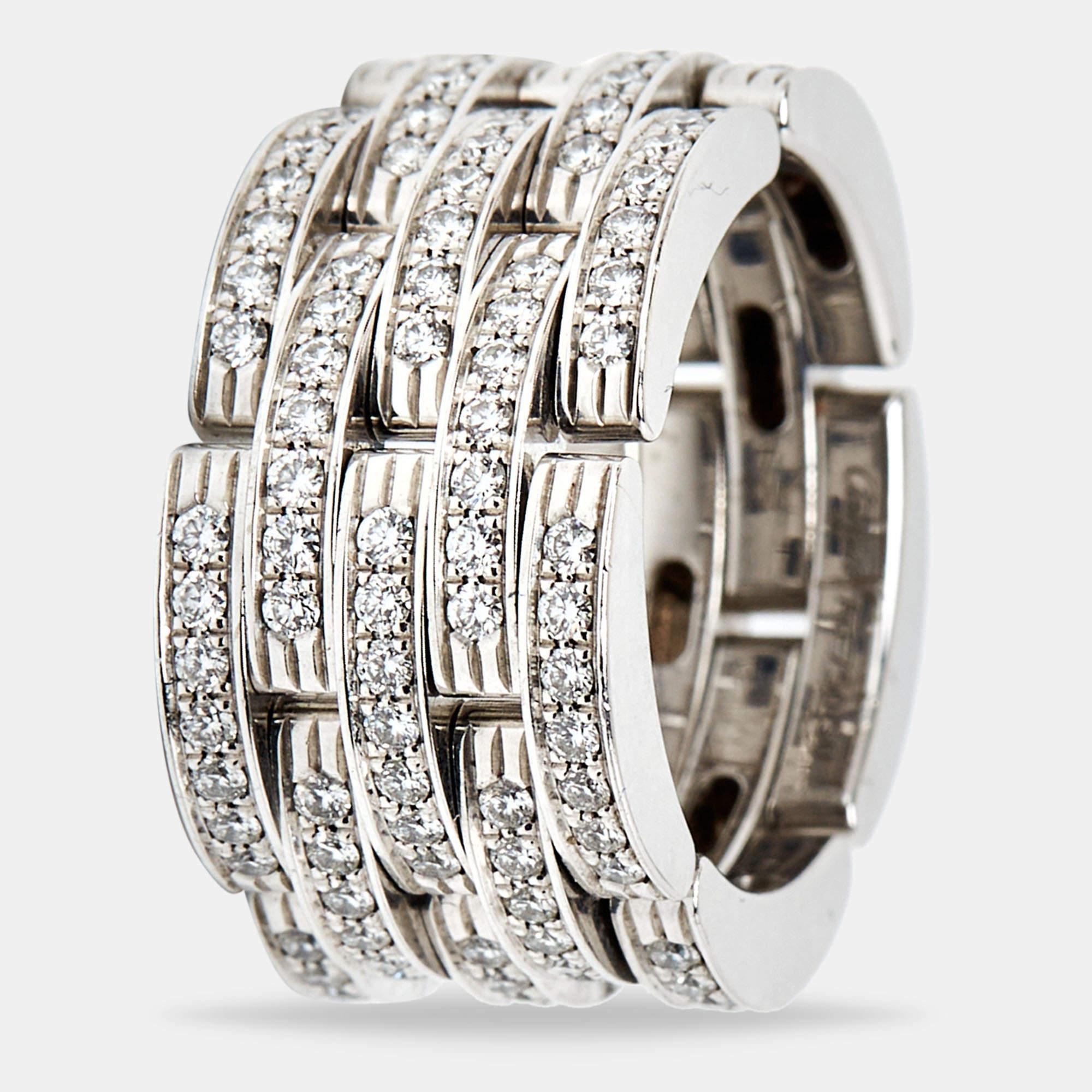 From Cartier's Maillon Panthère collection comes this magnificent ring that could not be any more perfect as it is overflowing with true beauty. Splendidly crafted from 18k white gold featuring a wide band of five rows, the piece is set with