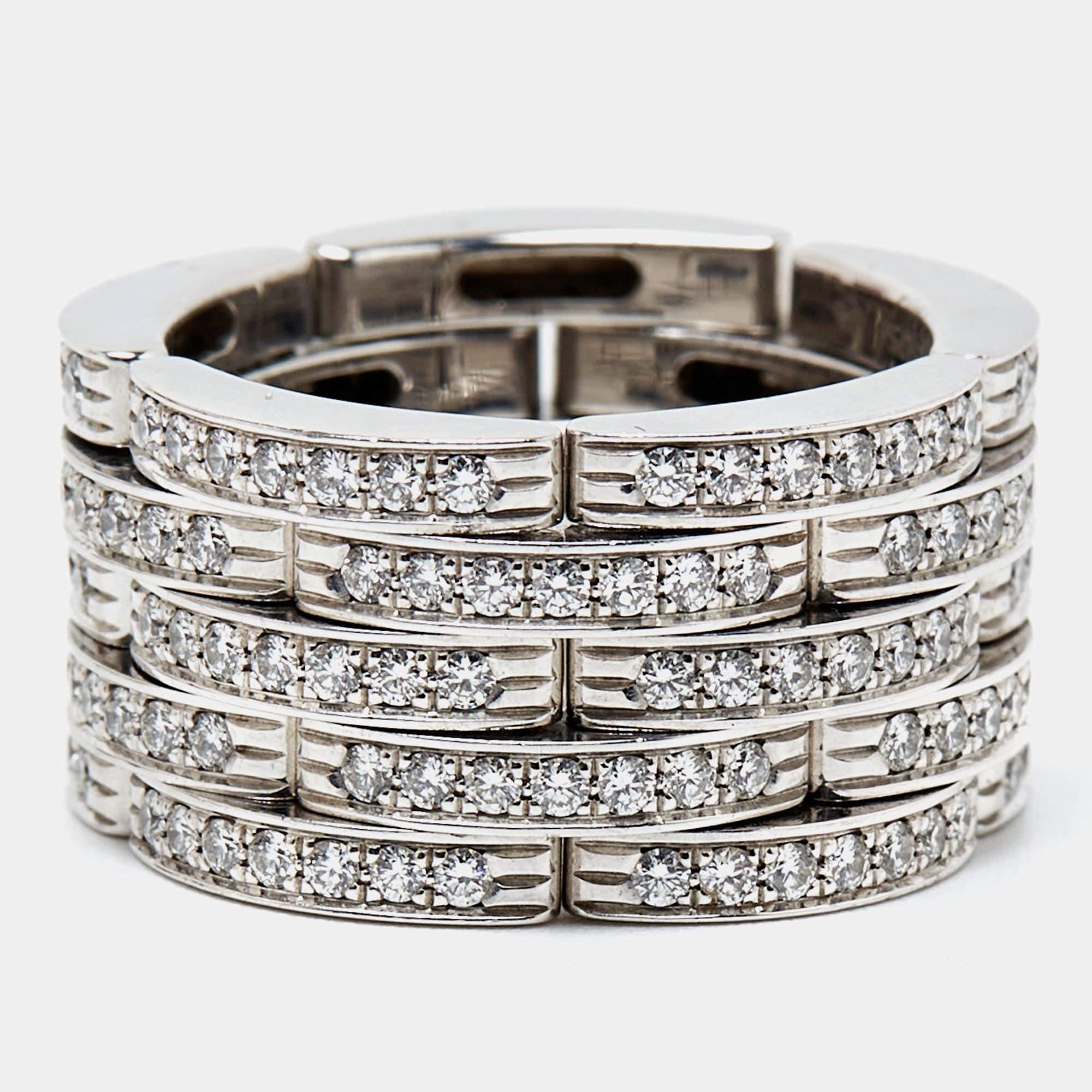 Uncut Cartier Maillon Panthère Diamond 18K White Gold 5 Row Ring Size 50