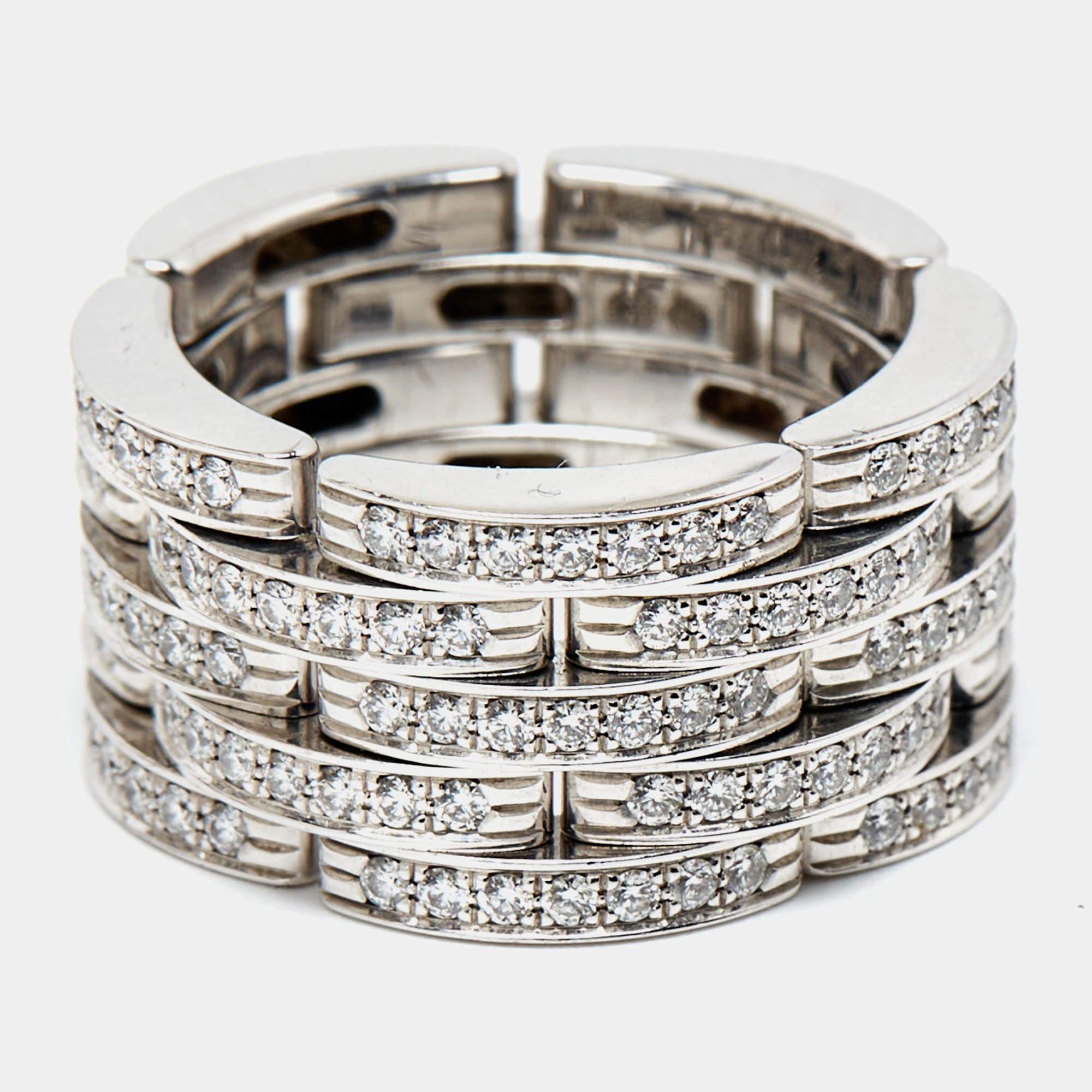 Cartier Maillon Panthère Diamond 18K White Gold 5 Row Ring Size 50 In Good Condition In Dubai, Al Qouz 2