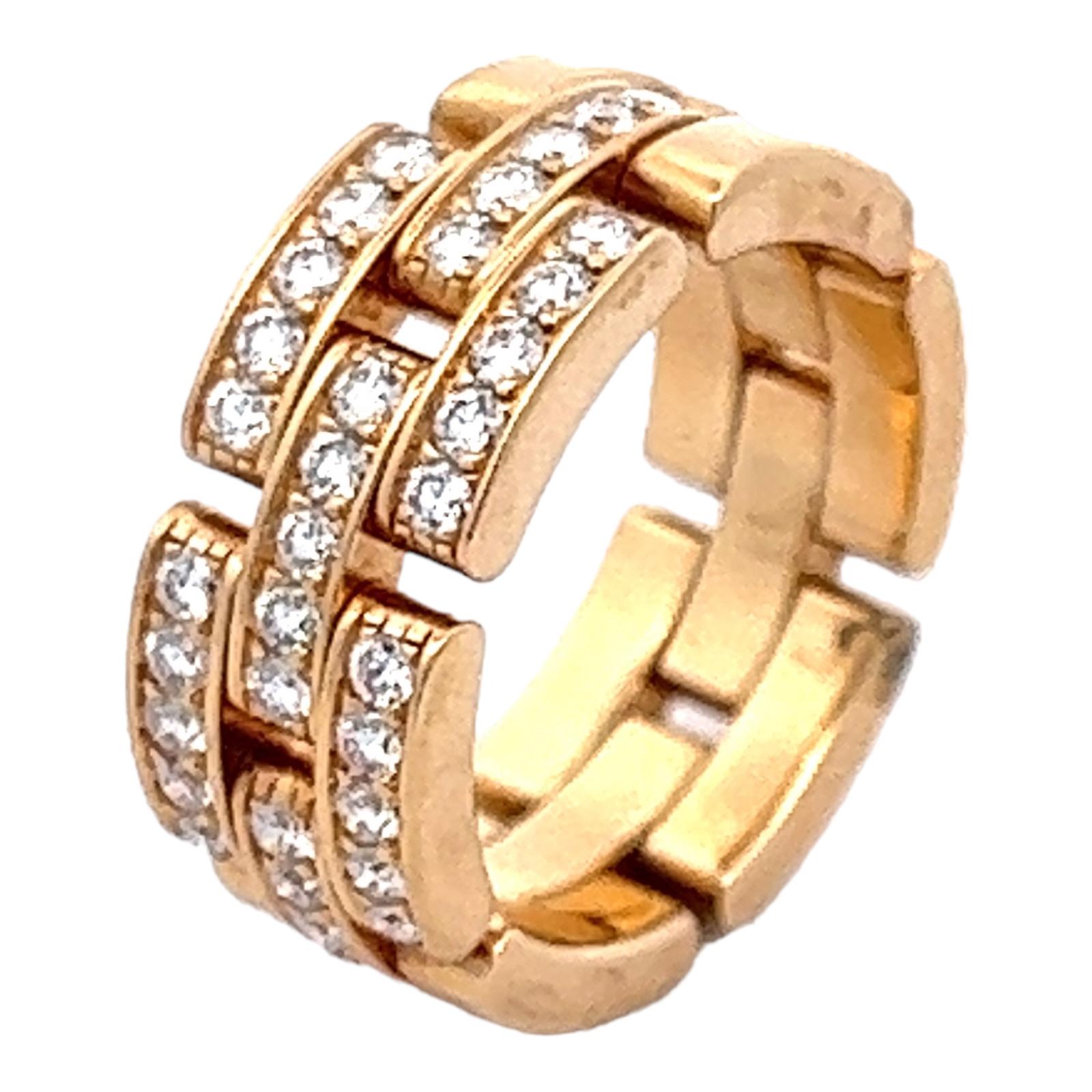 Taille ronde Cartier Maillon Panthére Diamond 18KYG Three Row Band Ring (bague à trois rangs) en vente