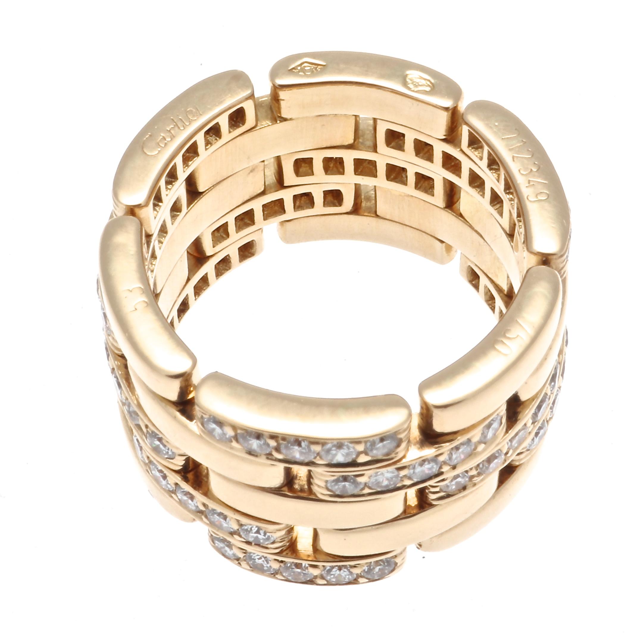 A famous link design named after Cartier's emblematic animal. The pieces sensually wrap around the finger in a feline fashion. Featuring 5 rows of alternating diamond and gold links. Signed Cartier, numbered and stamped with French hallmarks. Ring