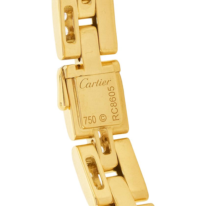 This amazing bracelet by Cartier is part of the ‘Maillon Panthere’ collection. The 18 carat gold links smoothly lay against the wrist, and a paved with 120 diamonds. Each diamond is 0.025 carat, totalling to 3.00 carat. They are excellent quality,