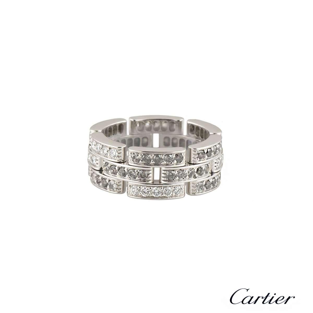 A stunning 18k white gold Cartier diamond Maillon Panthere ring from the Links and Chains collection. The ring comprises of 3 rows of 18 open work flexible panels, each panel is pave set with five round brilliant cut diamonds totalling approximately
