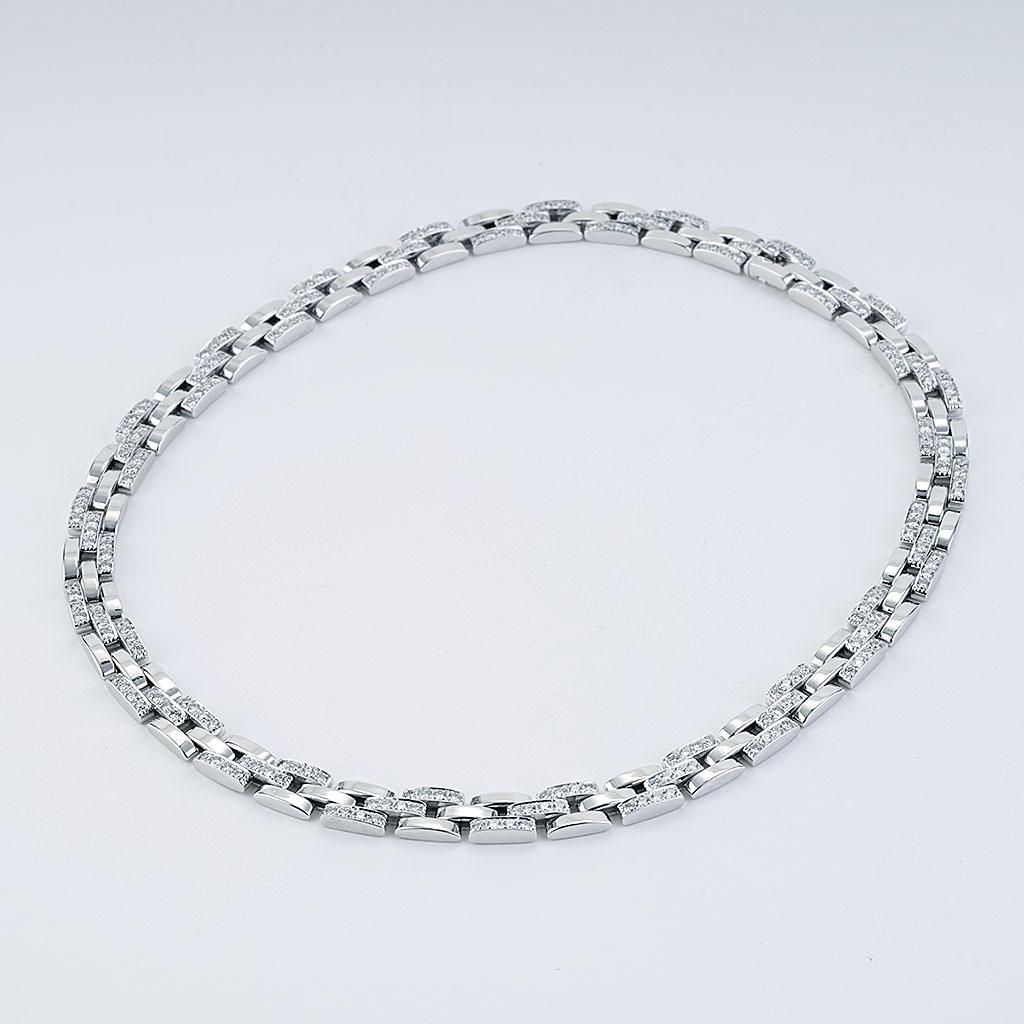 This Cartier Maillon Panthere 3-row Diamond Necklace is 18 inches in length and weighs 56.20 DWT (approx. 87.4 grams). It contains 240 round diamonds weighing an approximate total of 1.95 carats. Circa 1996.
