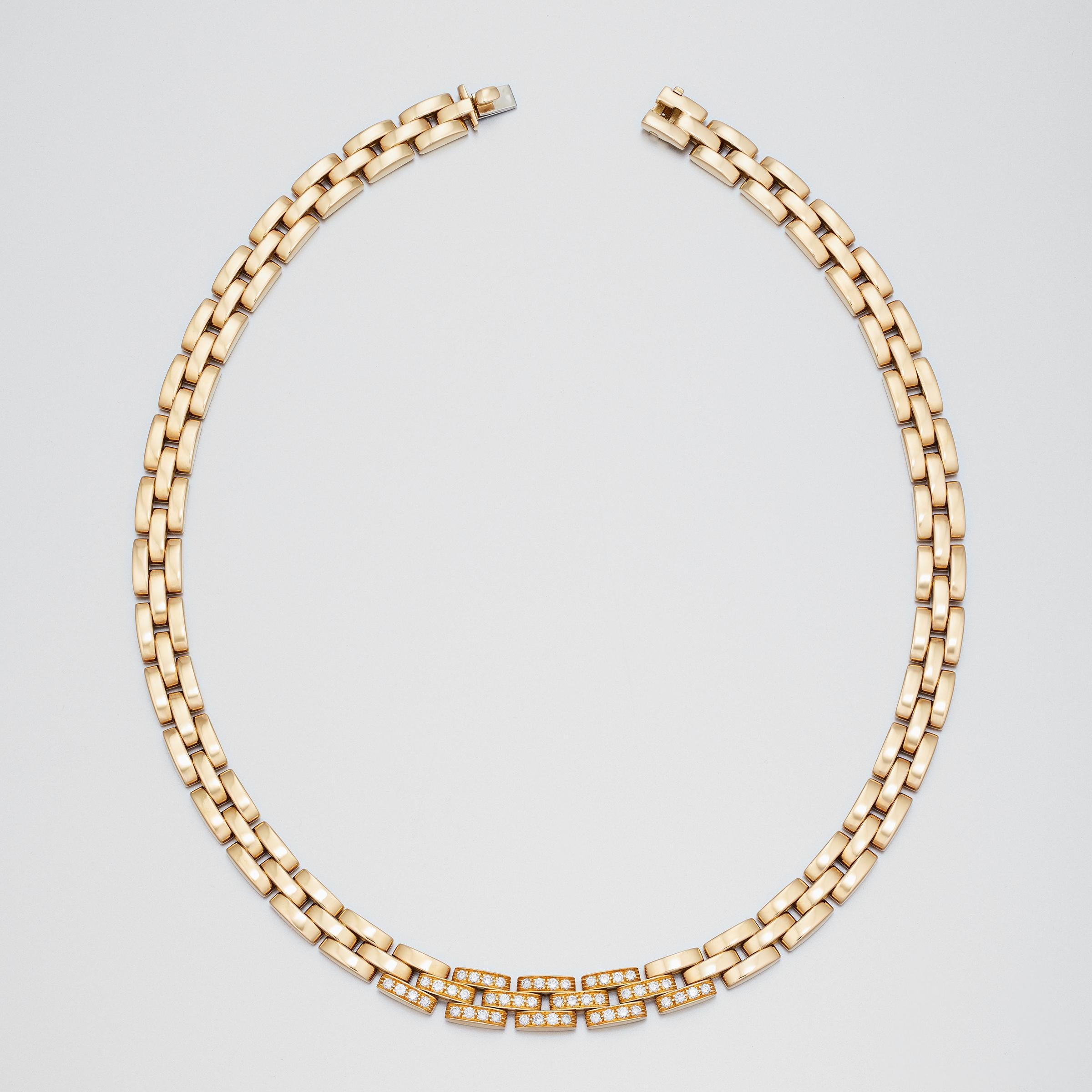 Iconic Cartier Maillon Panthere diamond necklace in 18 karat yellow gold. The necklace is meticulously crafted and consists of high-polish Maillon gold links with central section pave-set with approximately 1.4 carats of glittering fine white (F to