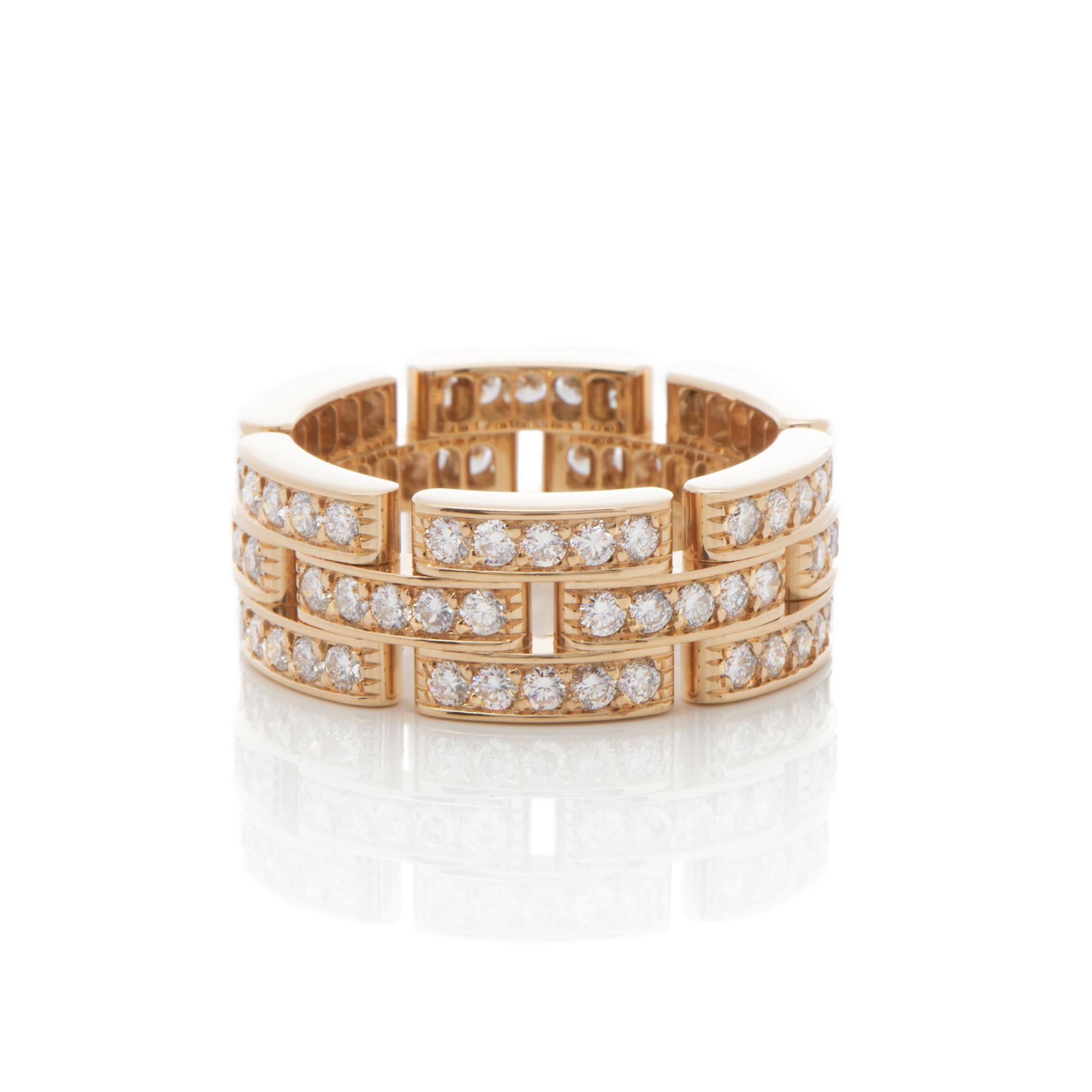 This ring by Cartier is from their Maillon Panthere collection and features their signature link design made in 18k yellow gold and 90 round brilliant cut diamonds totalling in 1.37ct. UK ring size N 1/2. EU ring size 54. US ring size 6 3/4.