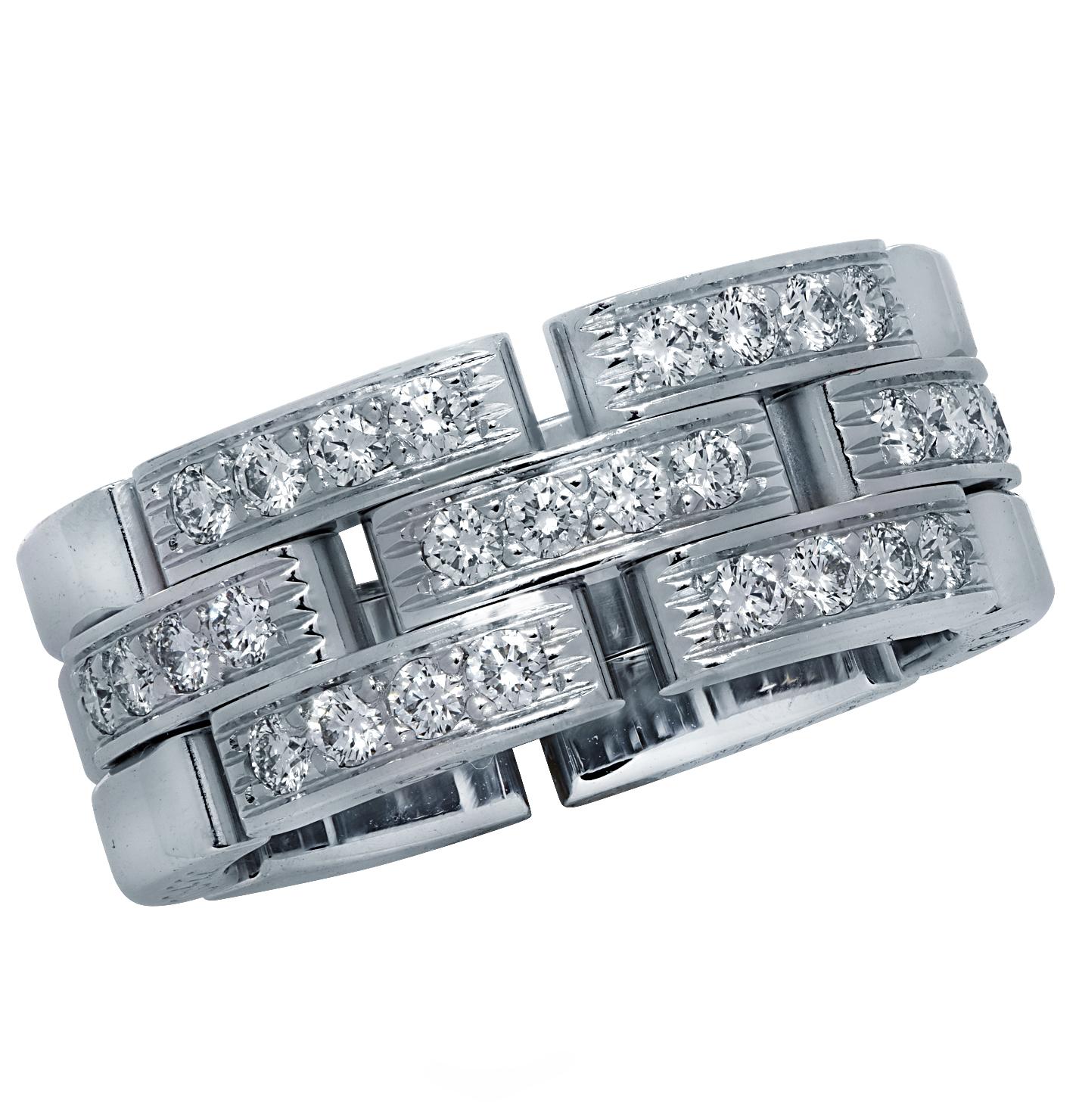 From the iconic house of Cartier, this spectacular Maillon Panthere diamond wedding band is expertly crafted in 18 karat white gold, and features 28 round brilliant cut diamonds weighing approximately .60 carats total, F color, VVS clarity. This