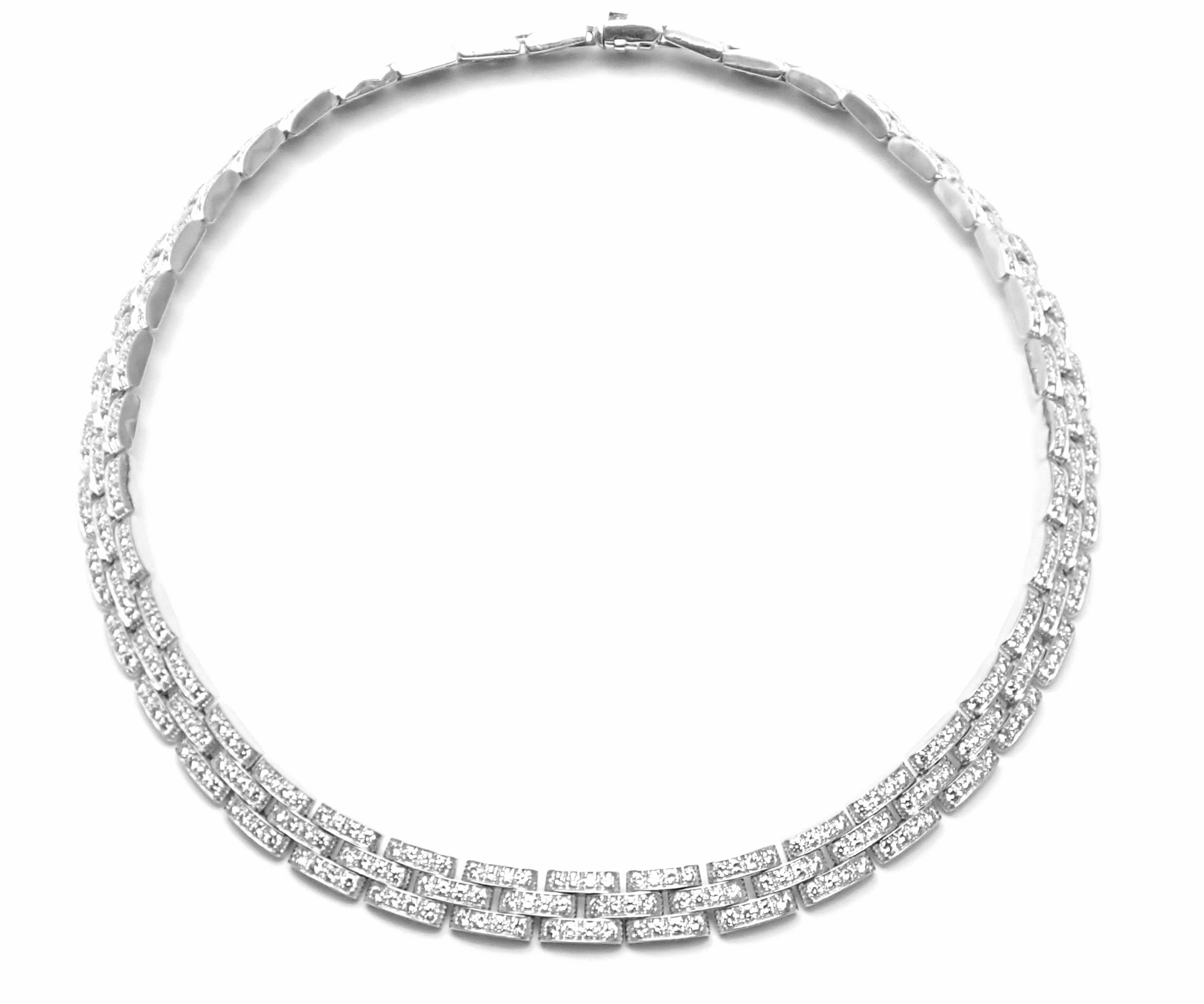 18k White Gold Diamond Maillon Panthere Necklace by Cartier. 
With 492 round brilliant cut diamodns VVS1 clarity, E color total weight approximately 15ct.
This necklace comes with an Cartier box and Cartier certificate of 
authenticity from Cartier