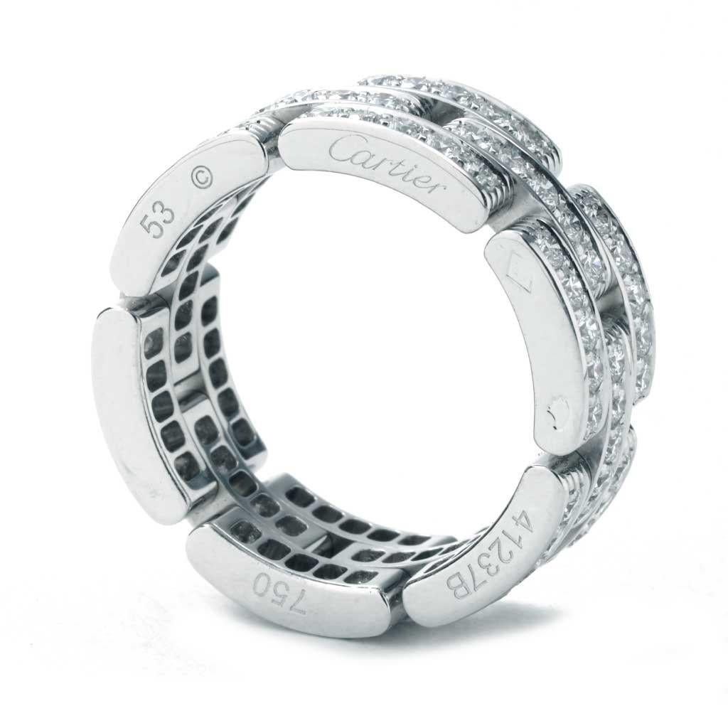Cartier Maillon Panthere Collection eternity ring. The ring is a size 6.25 (US), made of 18K white gold, and weighs 6.80 DWT (approx. 10.58 grams). It also has 90 round G-color, VS-clarity diamonds weighing 1.37 CTTW. Size 53, original box and