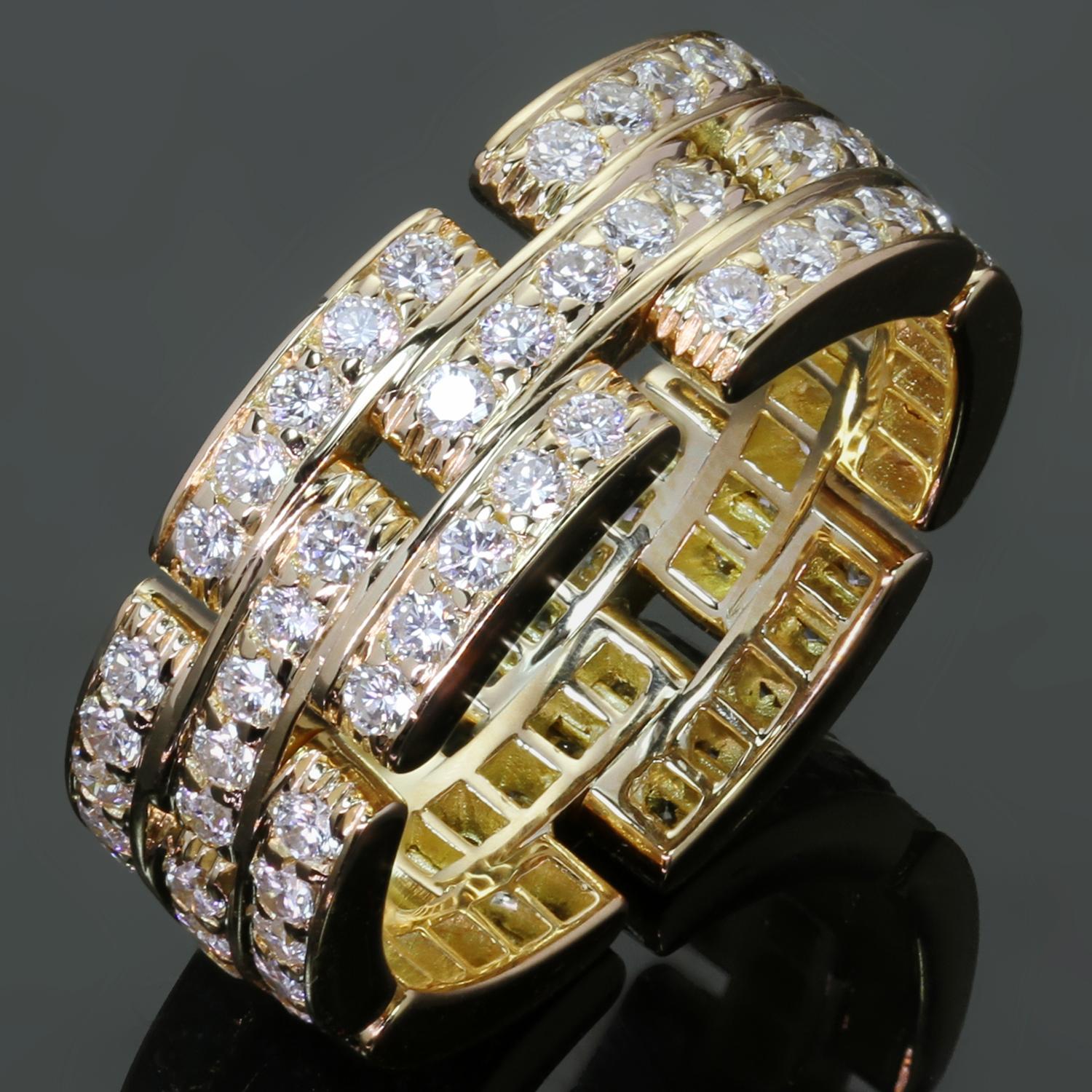 This authentic Cartier band from the iconic Maillon Panthere collection features 3 rows of links crafted in 18k yellow gold links and fully pave-set with brilliant-cut round D-E-F VVS1-VVS2 diamonds of an estimated 1.40 carats. Made in France circa