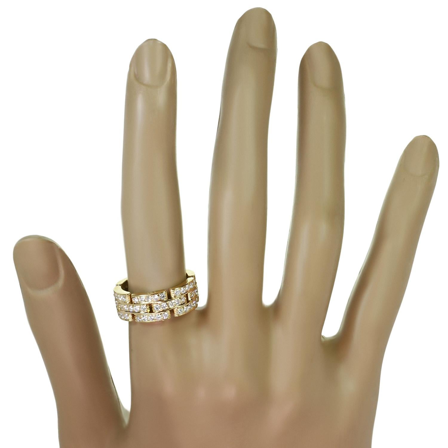 Brilliant Cut Cartier Maillon Panthere Full Diamond 18k Yellow Gold 3 Row Ring For Sale