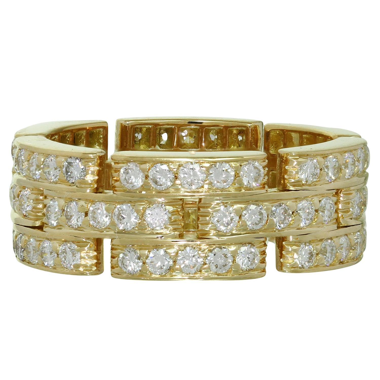 Cartier Maillon Panthere Full Diamond 18k Yellow Gold 3 Row Ring In Excellent Condition For Sale In New York, NY